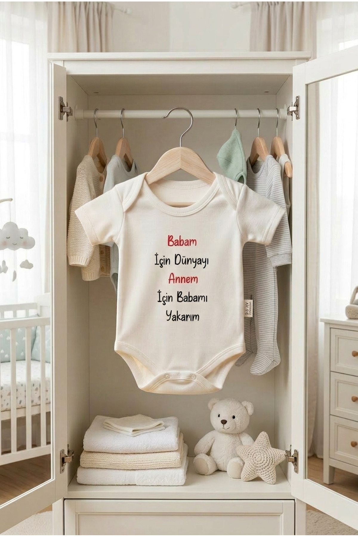 bebeqon ''Babam İçin Dünyayı Annem Için Babamı Yakarım'' Yazılı Yazılı Bebek Zıbını Beyaz Body fotoğrafı 4 (önizleme)