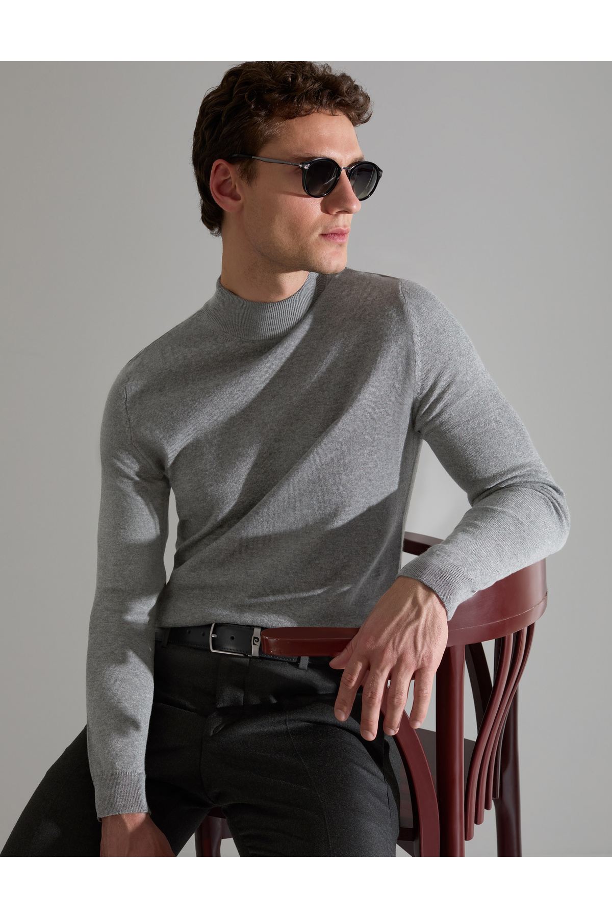 ژاکت بافتنی یقه اسکی ساده خاکستری ملانژ اسلیم فیت 50314176-VR086 پیر کاردین پلیور Pierre Cardin