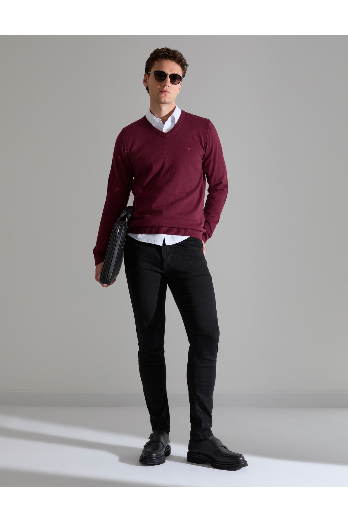 ژاکت بافتنی یقه هفت باریک قرمز شرابی تیره 50314190-VR175 پیر کاردین پلیور Pierre Cardin