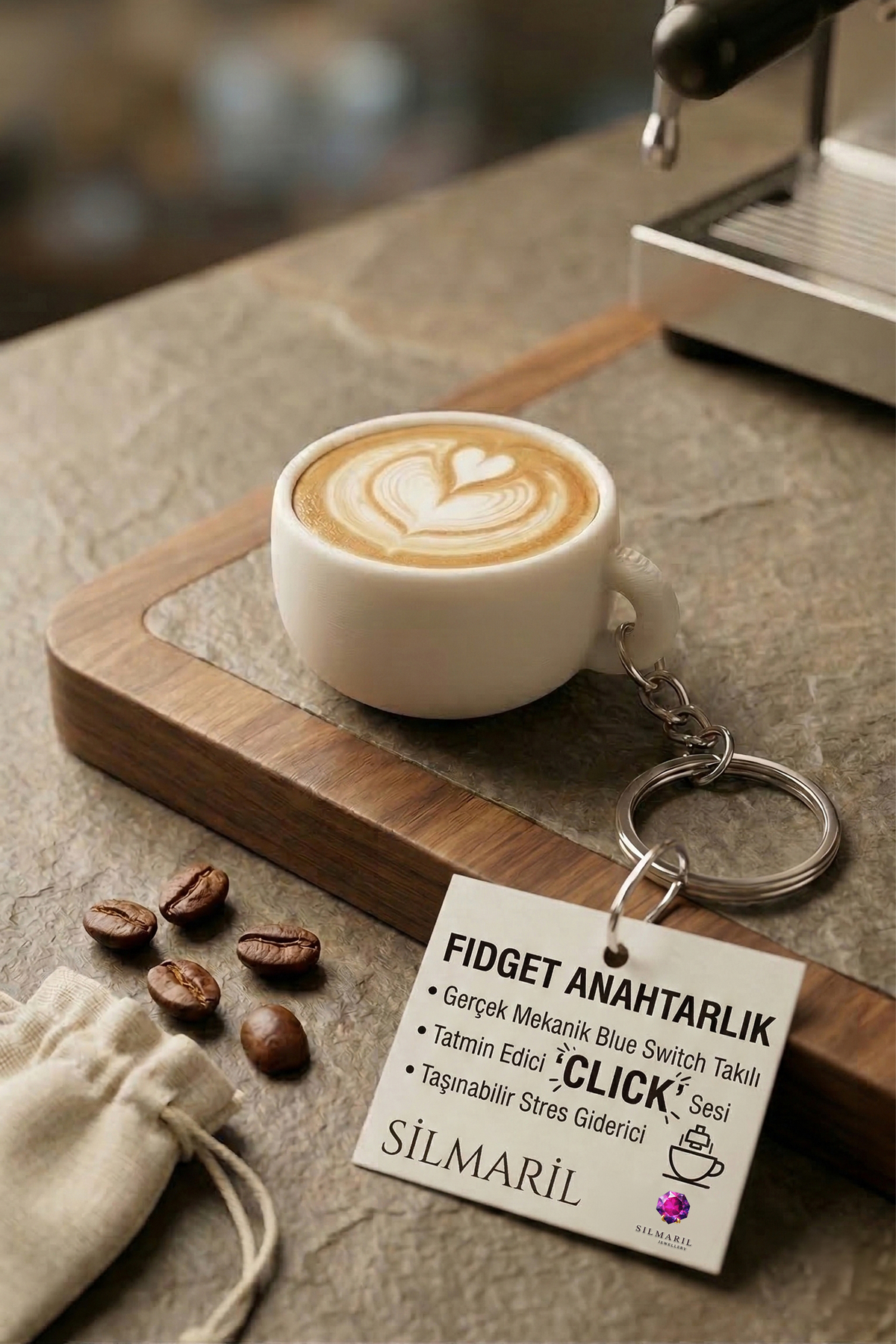Kahve Latte Click Anahtarlık – Blue Switch Fidget Stres Anahtarlık | Sevimli Hediyelik & Çanta Süsü