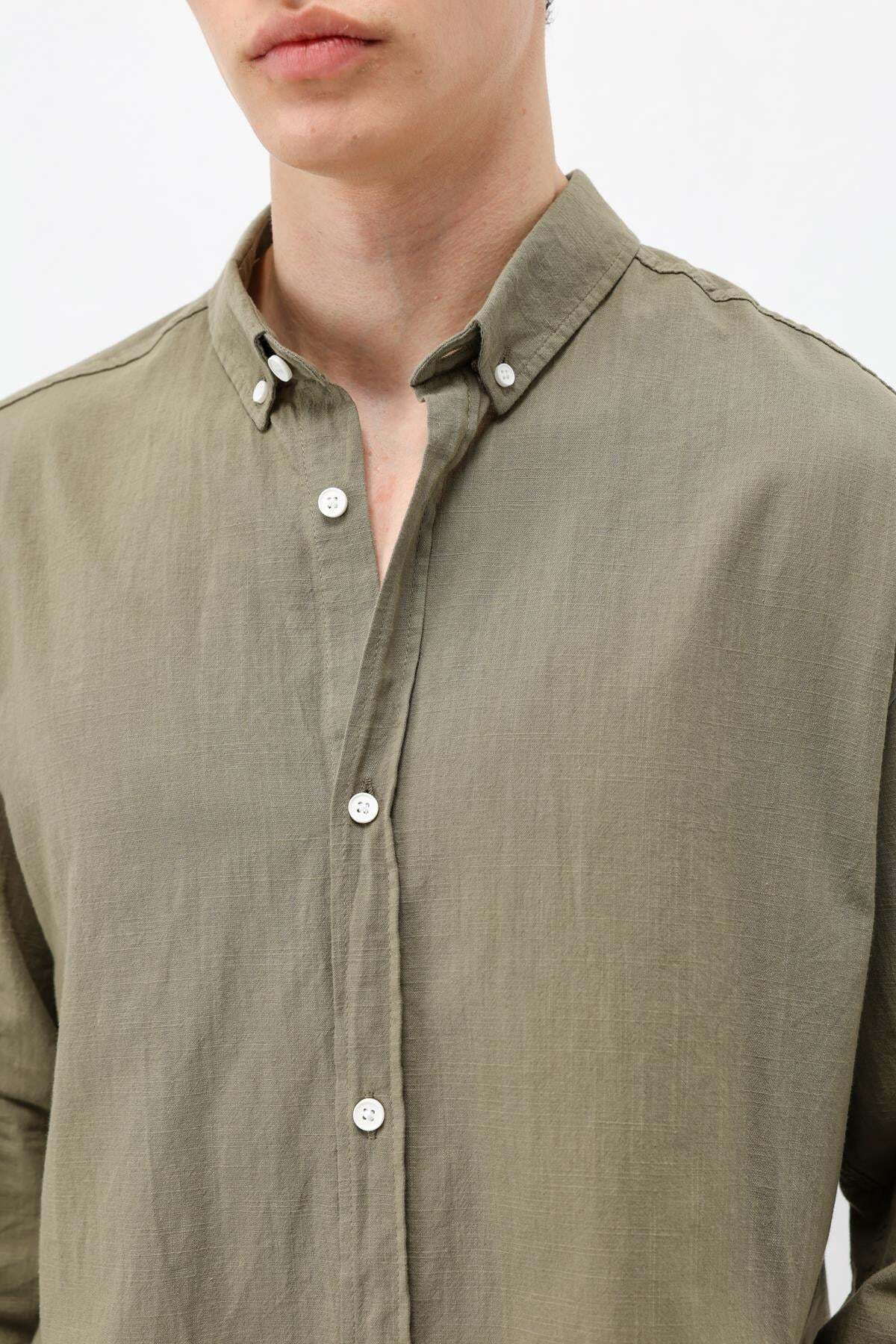 VAMOSCLO Basic Oversize Pamuk Keten Gömlek Haki görsel 5