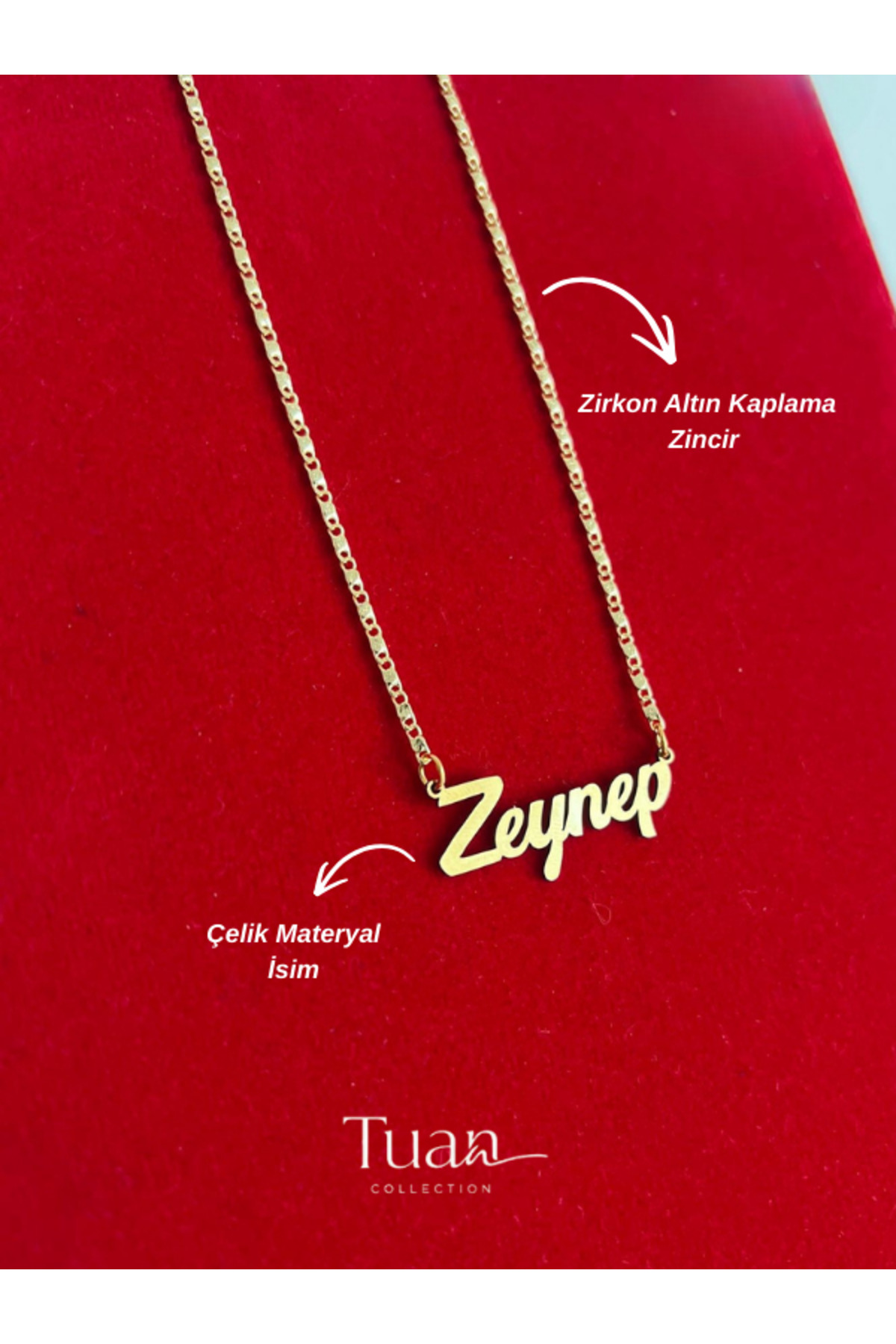 Tuana Trend Kişiye Özel İsim Kolye Özel Tasarım Yüksek Kalite Çelik Gold Renk Kişiselleştirilebilir Hediye görsel 2