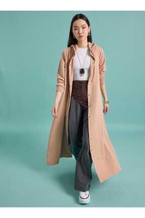 Benin Kapüşon Detaylı Çıtçıtlı Spor Kap / Pardesü - Koyu Krem -