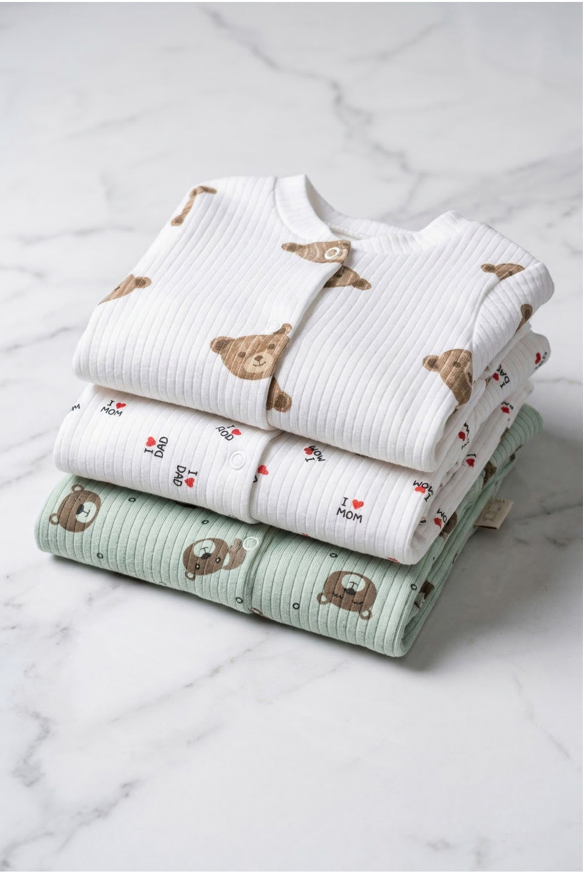 Noone 3'lü Paket Ayıcık Desenli Fitilli (Kaşkorse) %100 Pamuklu Bebek Tulum Seti fotoğrafı 4 (önizleme)