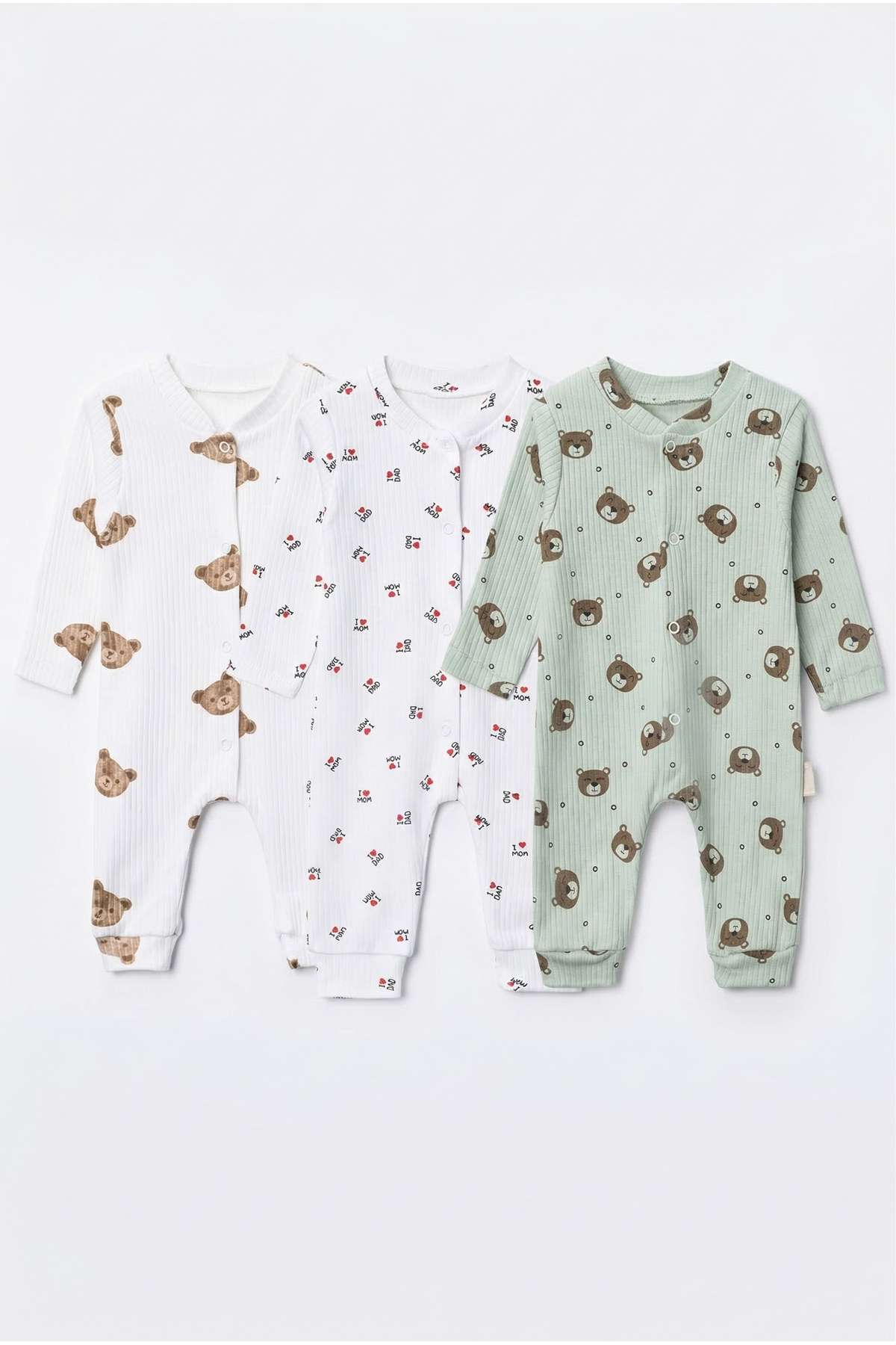 Noone 3'lü Paket Ayıcık Desenli Fitilli (Kaşkorse) %100 Pamuklu Bebek Tulum Seti fotoğrafı 5 (önizleme)