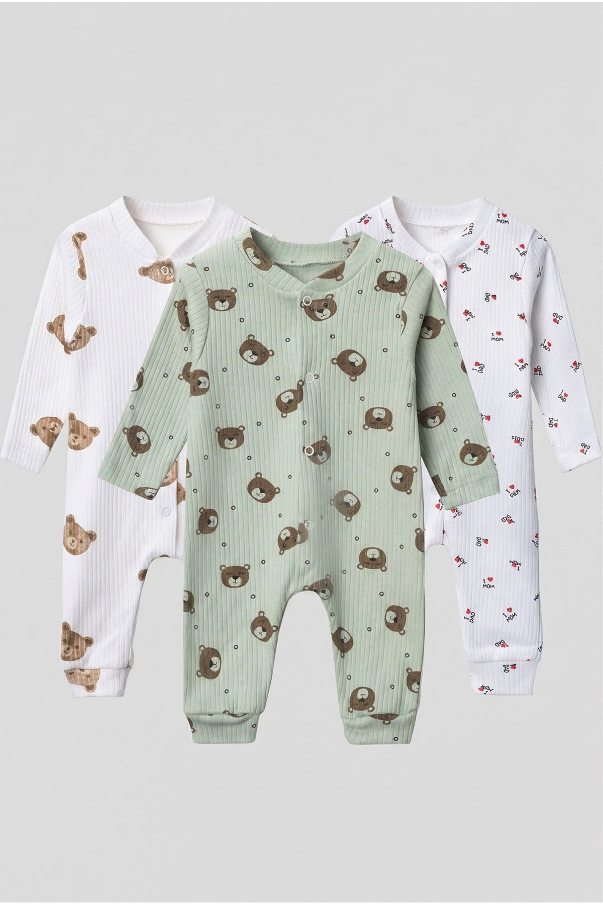 Noone 3'lü Paket Ayıcık Desenli Fitilli (Kaşkorse) %100 Pamuklu Bebek Tulum Seti fotoğrafı 3 (önizleme)