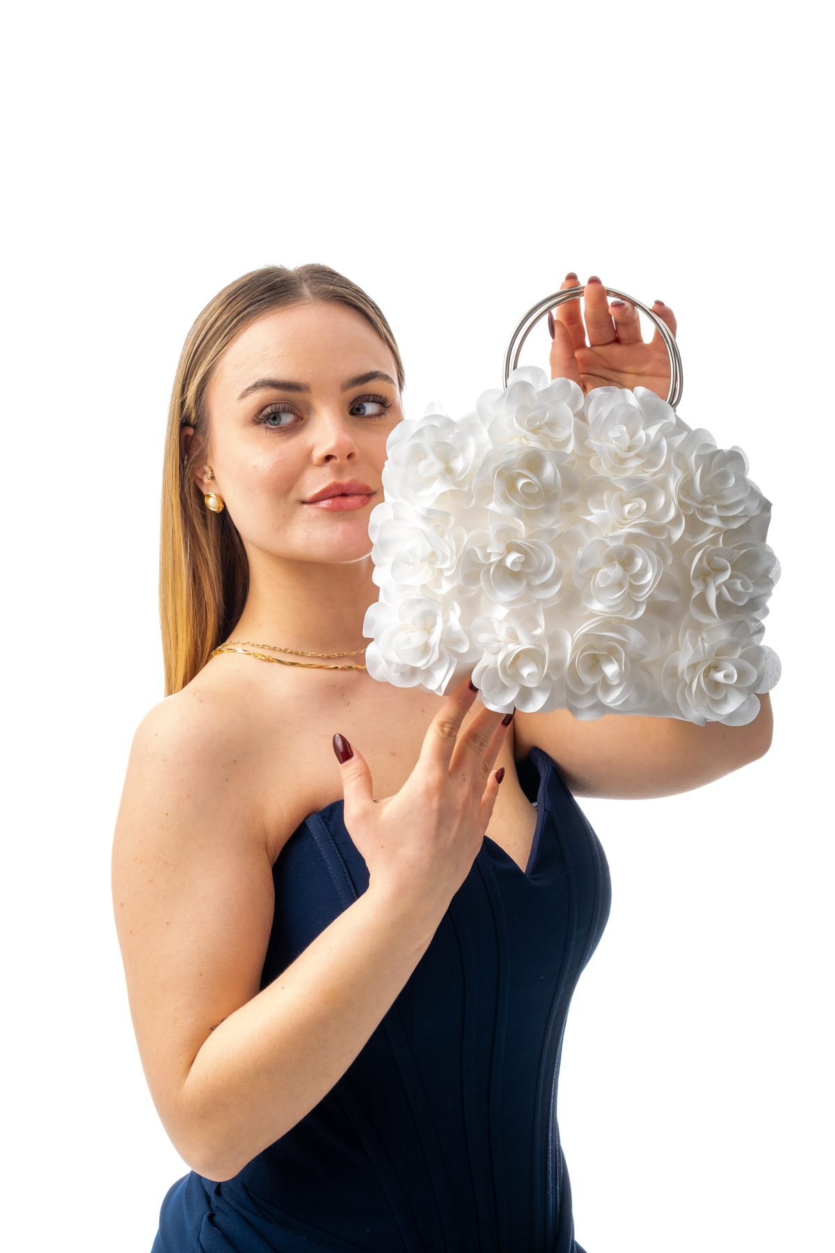 ROSALİA | Silver Metal D Handle Fabric Floral Design Evening Bag - Wedding & Engagement Handbag