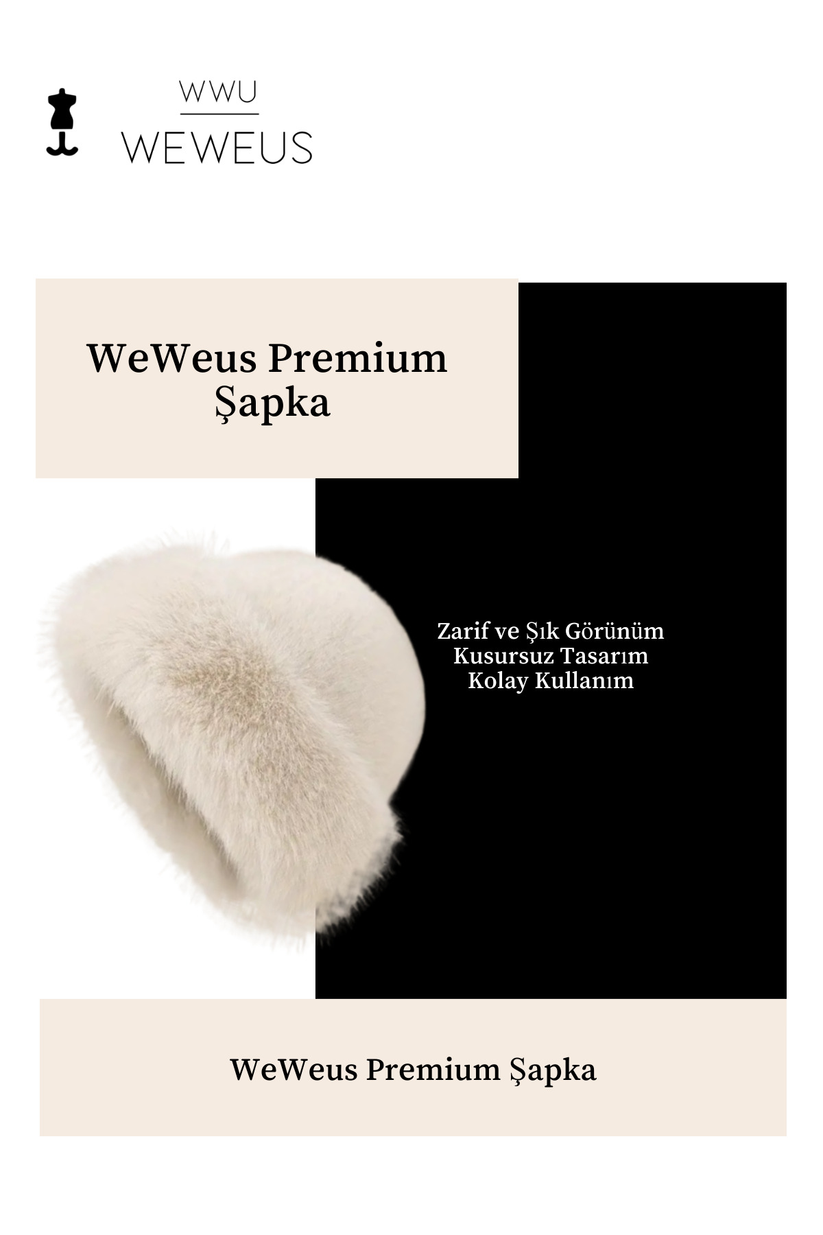 Weweus Krem Bej Tüylü Kürk Görünümlü Kışlık Premium Kadın Şapka görsel 5
