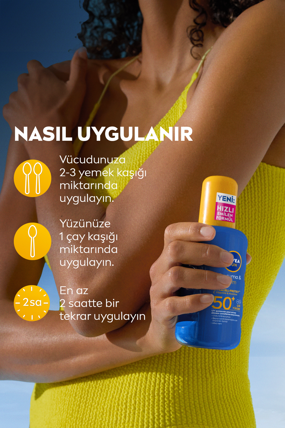 NIVEA SUN SPF 50+ Yüksek Güneş Koruyucu ve Nemlendirici Vücut Spreyi 200ml,Suya Dayanıklı,C Vitamini fotoğrafı 5 (önizleme)