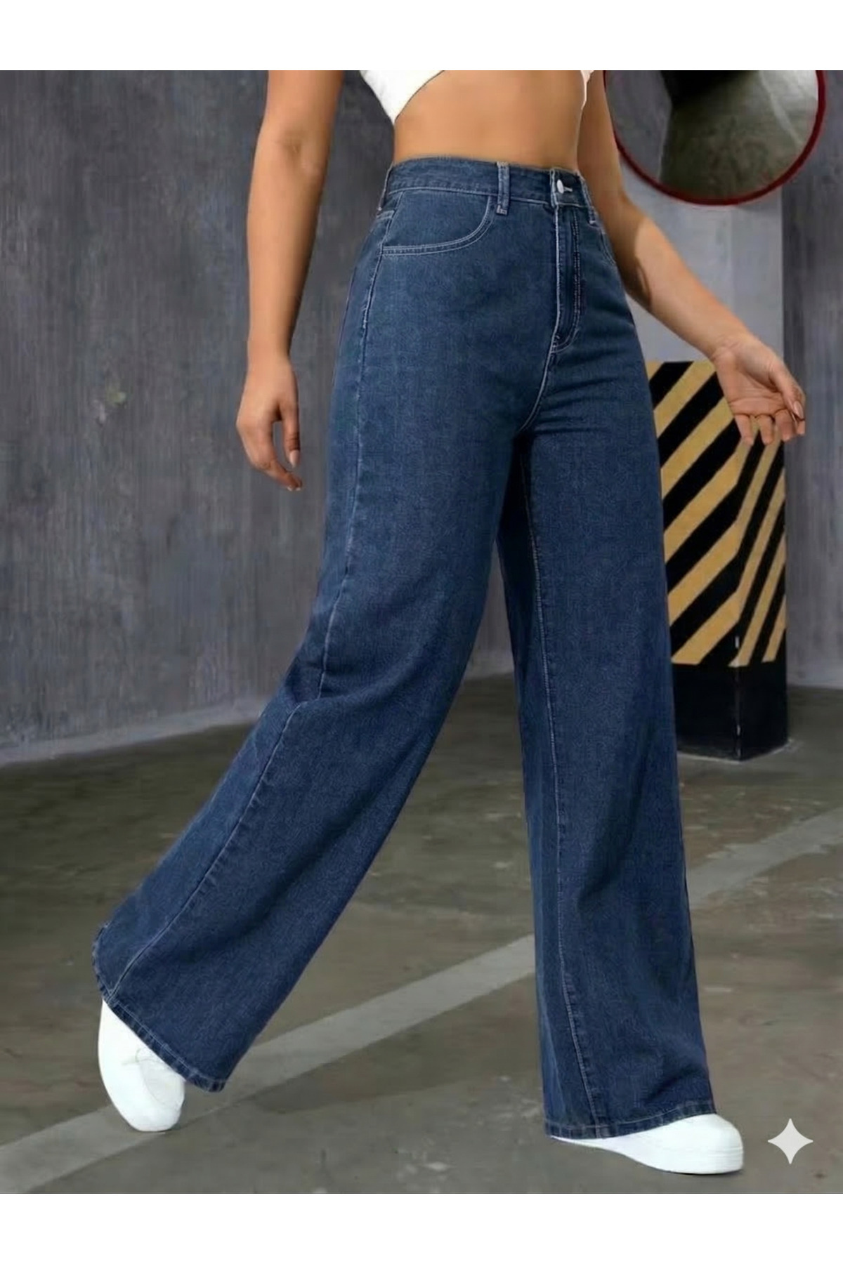 mooishan Evelin Kamelya Lacivert Yüksek Bel Palazzo,Wide Leg Jeans, Likralı Bol Paça Salaş JeansDK-5 görsel 2