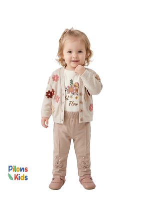 Pilons Kids Kız Bebek 3'lü Takım - Çiçek İşlemeli Triko Hırka, Baskılı Tişört...