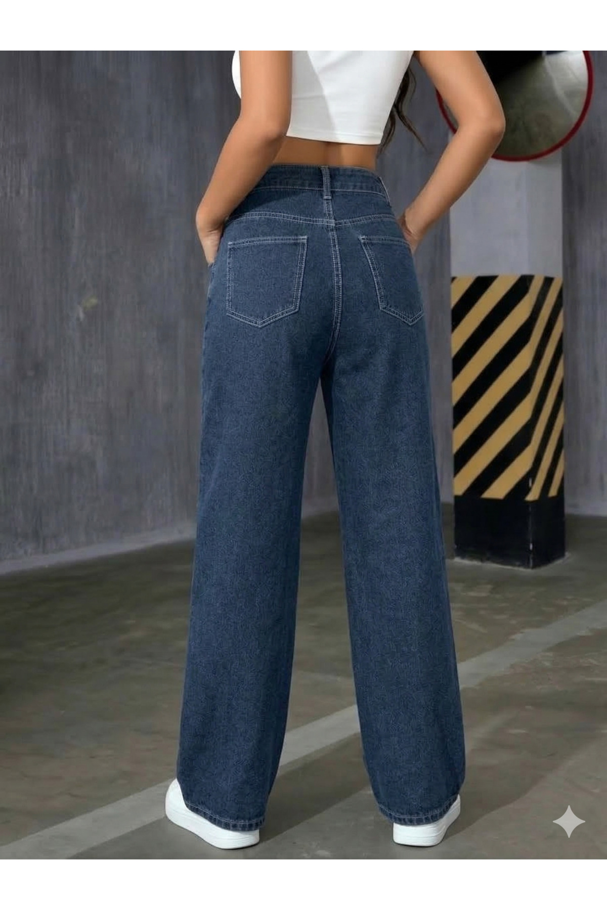 mooishan Evelin Kamelya Lacivert Yüksek Bel Palazzo,Wide Leg Jeans, Likralı Bol Paça Salaş JeansDK-5 görsel 3