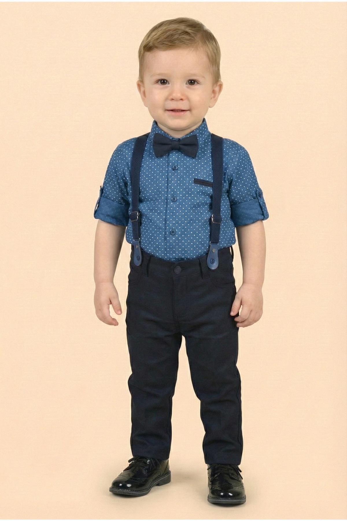 Mnk Baby&Kids Erkek Bebek Askı Papyon Gömlek Pantolon Takım M00785 İNDİGO fotoğrafı 2 (önizleme)