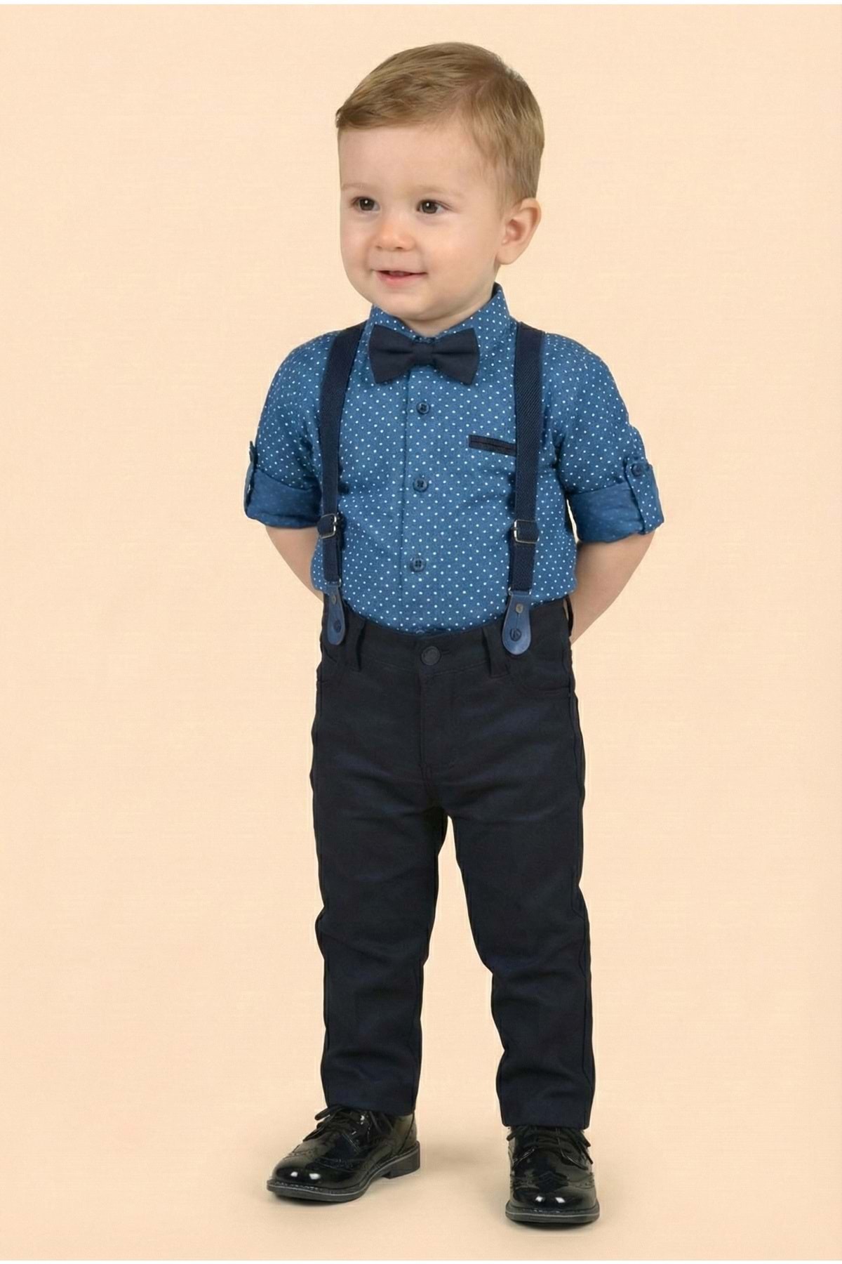 Mnk Baby&Kids Erkek Bebek Askı Papyon Gömlek Pantolon Takım M00785 İNDİGO fotoğrafı 3 (önizleme)