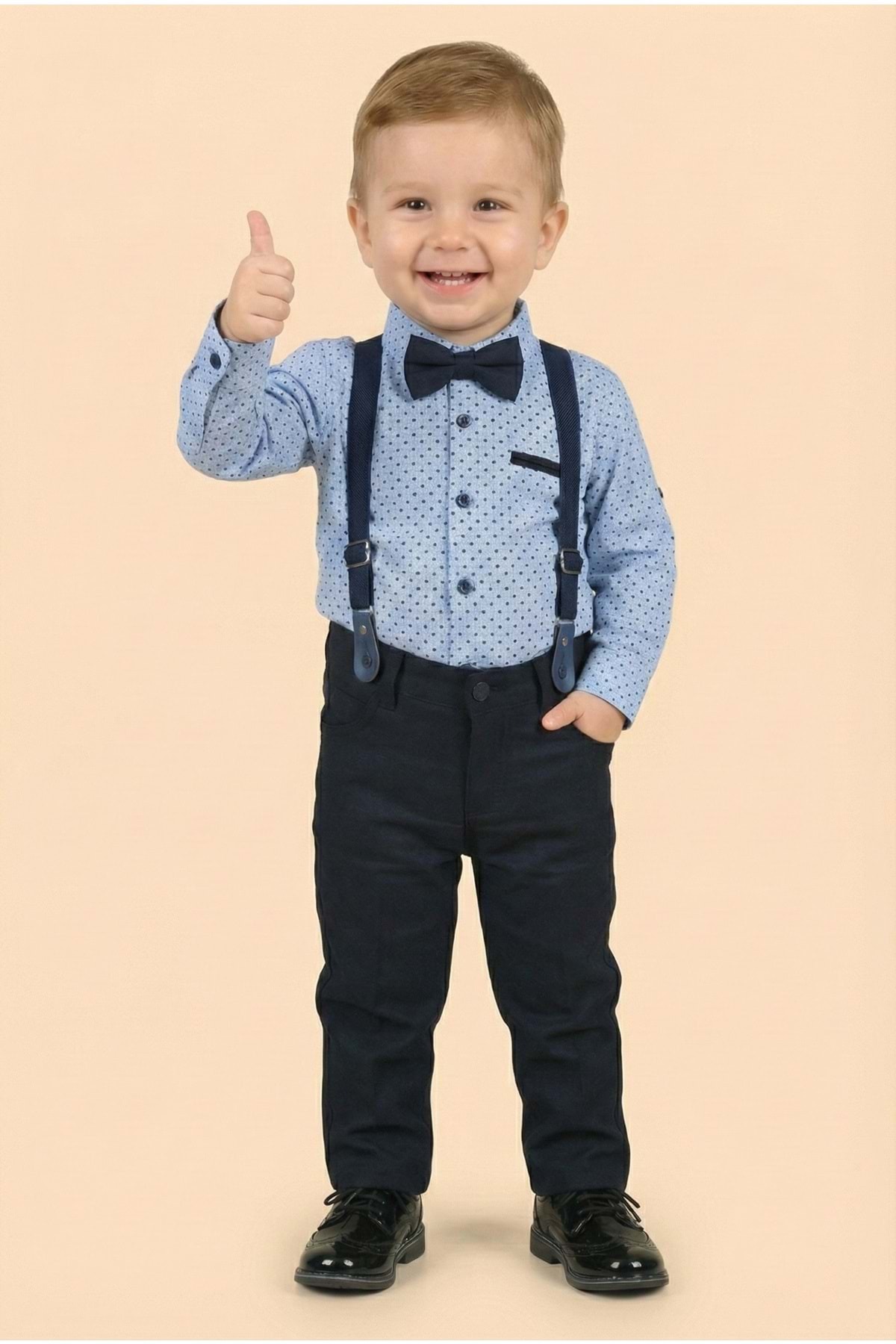 Mnk Baby&Kids Erkek Bebek Askı Papyon Gömlek Pantolon Takım M00785 MAVİ fotoğrafı 3 (önizleme)