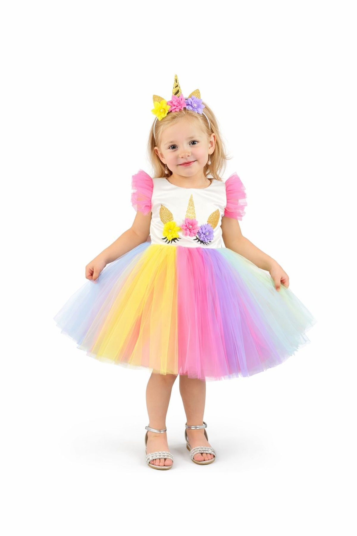 Mnk Rengarenk Etekli Kız Çocuk Parti Elbisesi PEMBE fotoğrafı 4 (önizleme)