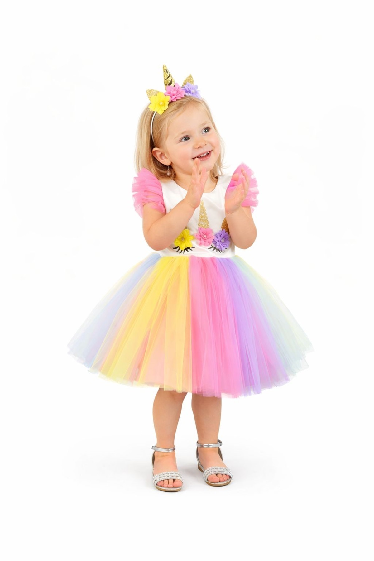 Mnk Rengarenk Etekli Kız Çocuk Parti Elbisesi PEMBE fotoğrafı 3 (önizleme)