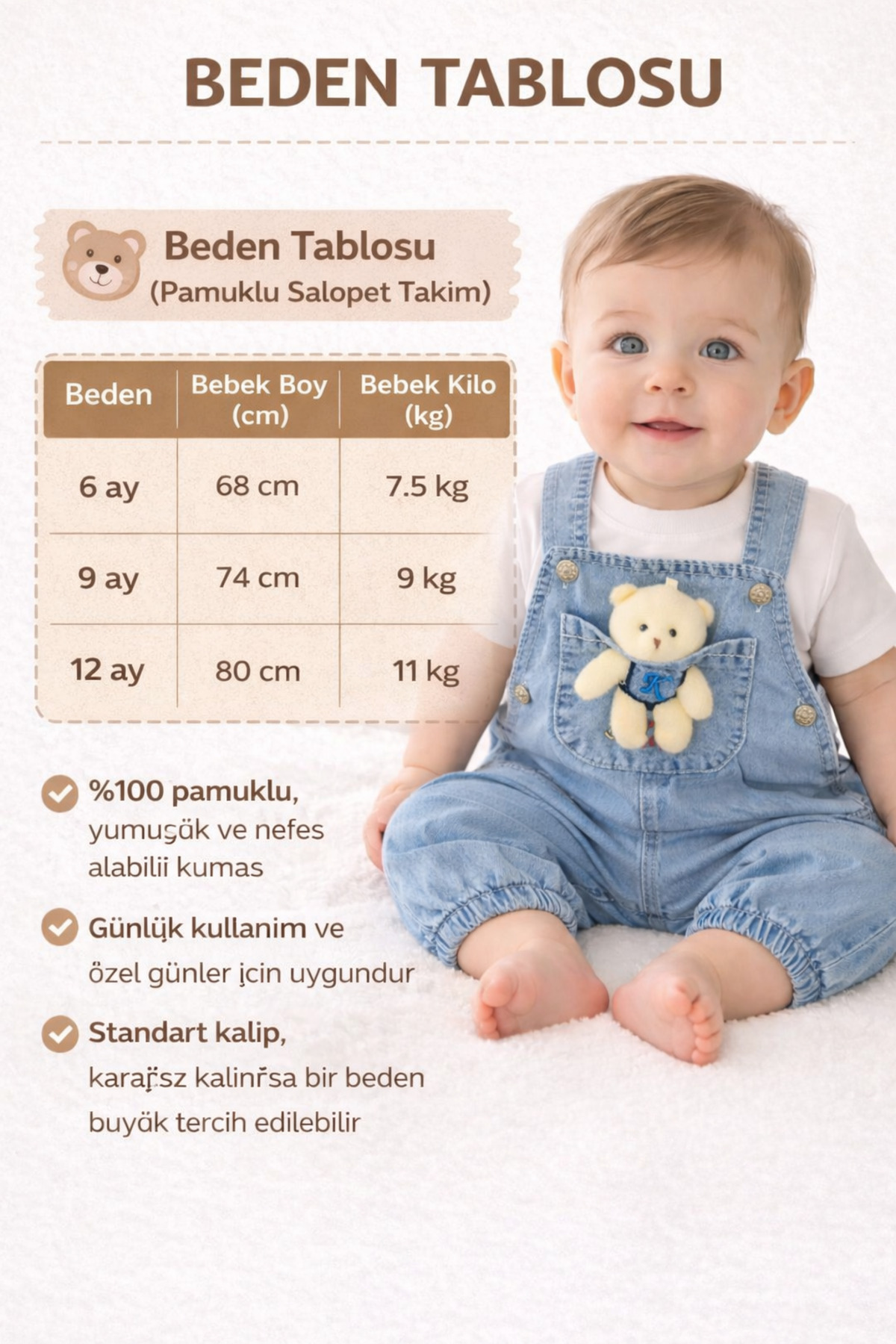 VERONA TARZ Kız Erkek Bebek Jean Kot Salopet Tulum 2li Set Takım Ayıcık Oyuncaklı Denim Yazlık fotoğrafı 2 (önizleme)