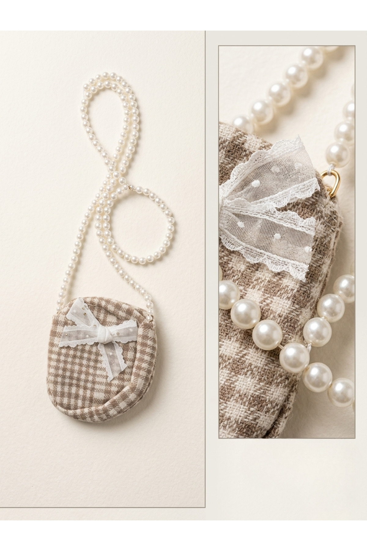 TA&CE Kız Çocuk Ekose Jile Elbise Takımı - İnci Detaylı Mini Çantalı Vintage Tasarım 3-18 AY fotoğrafı 4 (önizleme)