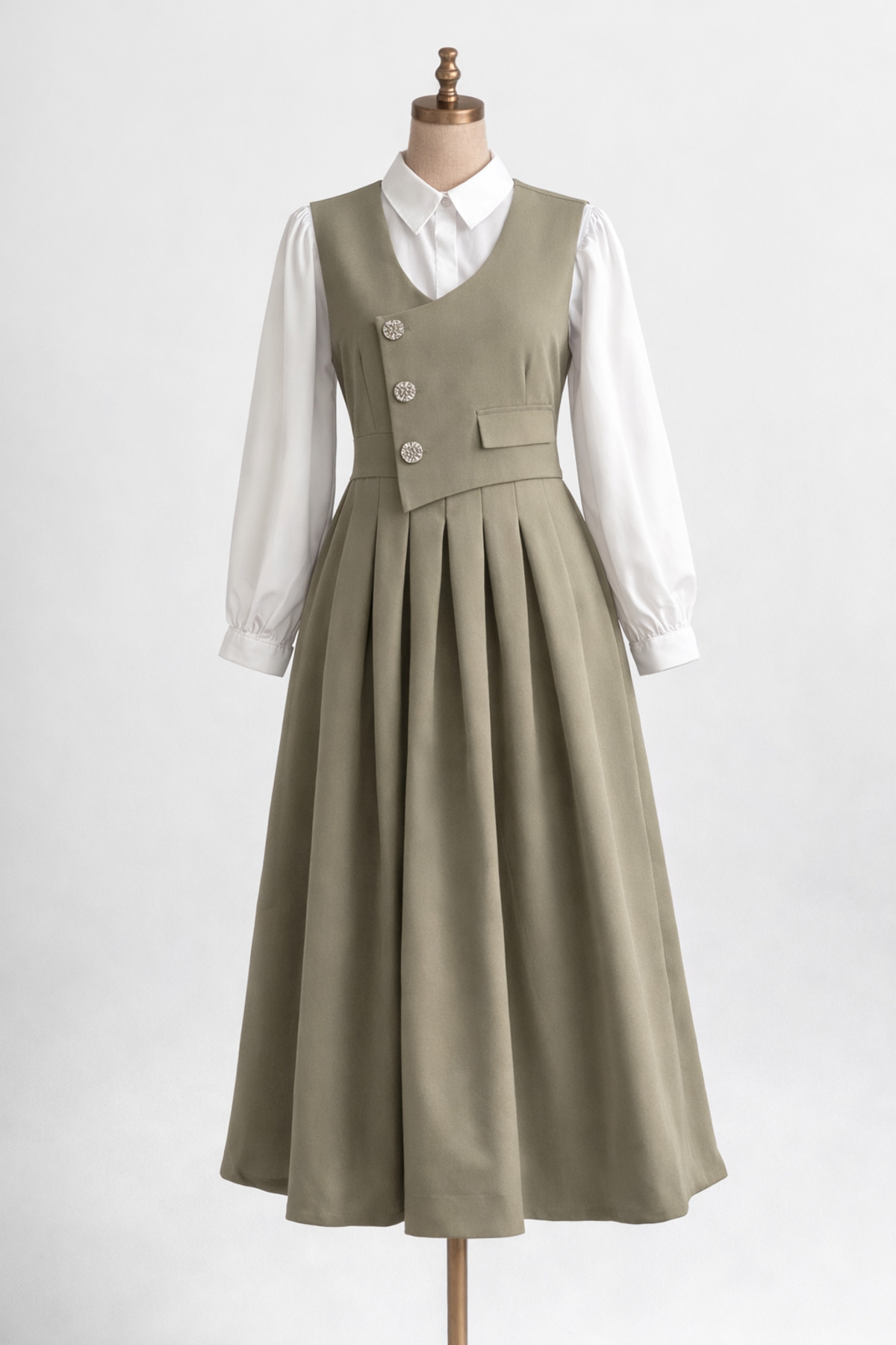 Nirva Butik  Pileli Düğme Detaylı Tesettür Jile Elbise - Yeşil