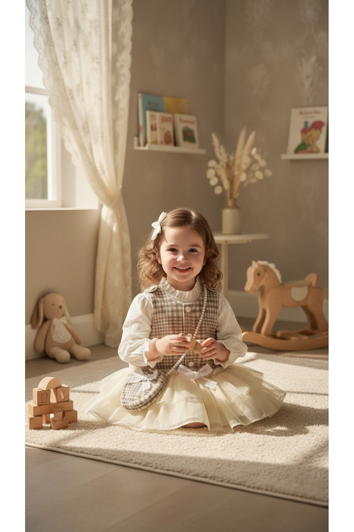 TA&CE Kız Çocuk Ekose Jile Elbise Takımı - İnci Detaylı Mini Çantalı Vintage Tasarım 3-18 AY fotoğrafı 2 (önizleme)