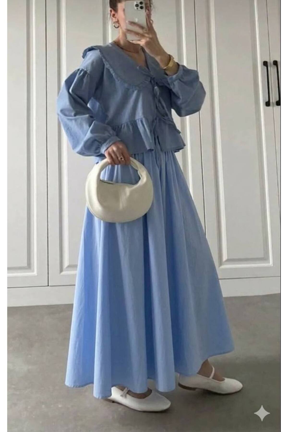 Gülmude  Uzun Beli Lastikli Etek Fleto Cepli İç Göstermez Poplin Kumaş Mevsimlik Etek (90CM) - Görsel 8