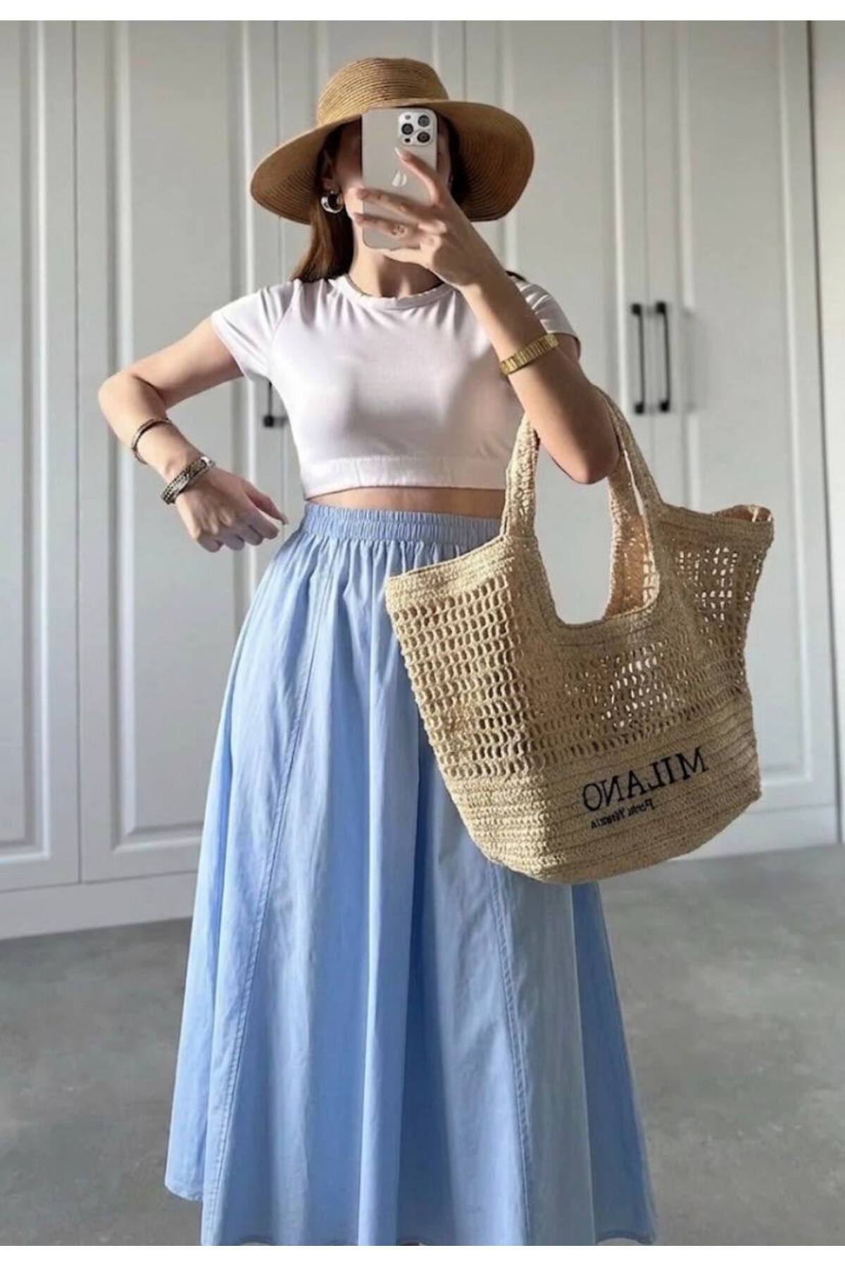 Gülmude  Uzun Beli Lastikli Etek Fleto Cepli İç Göstermez Poplin Kumaş Mevsimlik Etek (90CM) - Görsel 2