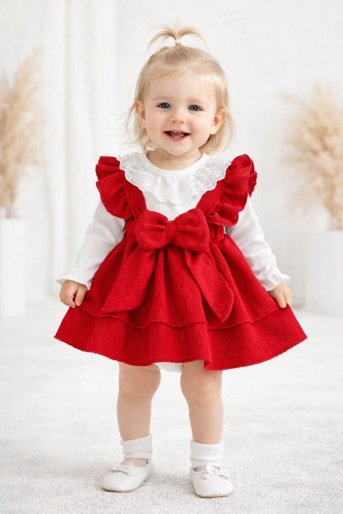 dinamik çocuk  Kız Bebek Waffle Kumaş Fiyonklu Elbise & Dantelli Badi 2'li Takım 0-3-6-9-12Ay Bayramlık Şık Elbise - Görsel 2