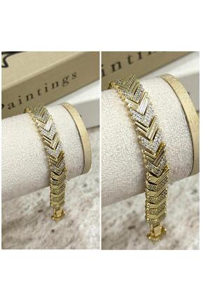 KOALA COMPANY ÇELİK ÜSTÜ ALTIN KAPLAMA GOLD RENK ZİRKON TAŞLI BİLEKLİK 17 CM ...