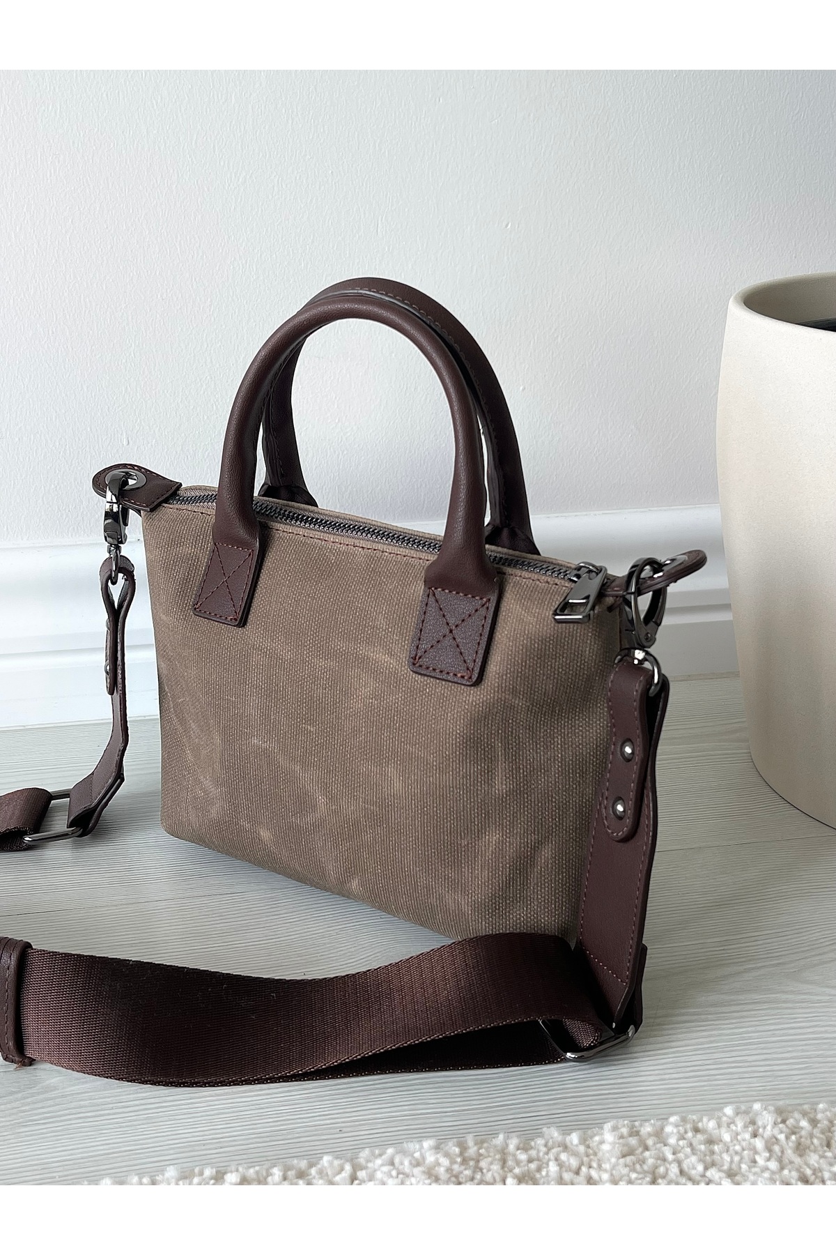 Nura Collection Koyu Vizon Keten Kadın Mini Mektup Model El Ve Omuz Çantası görsel 2