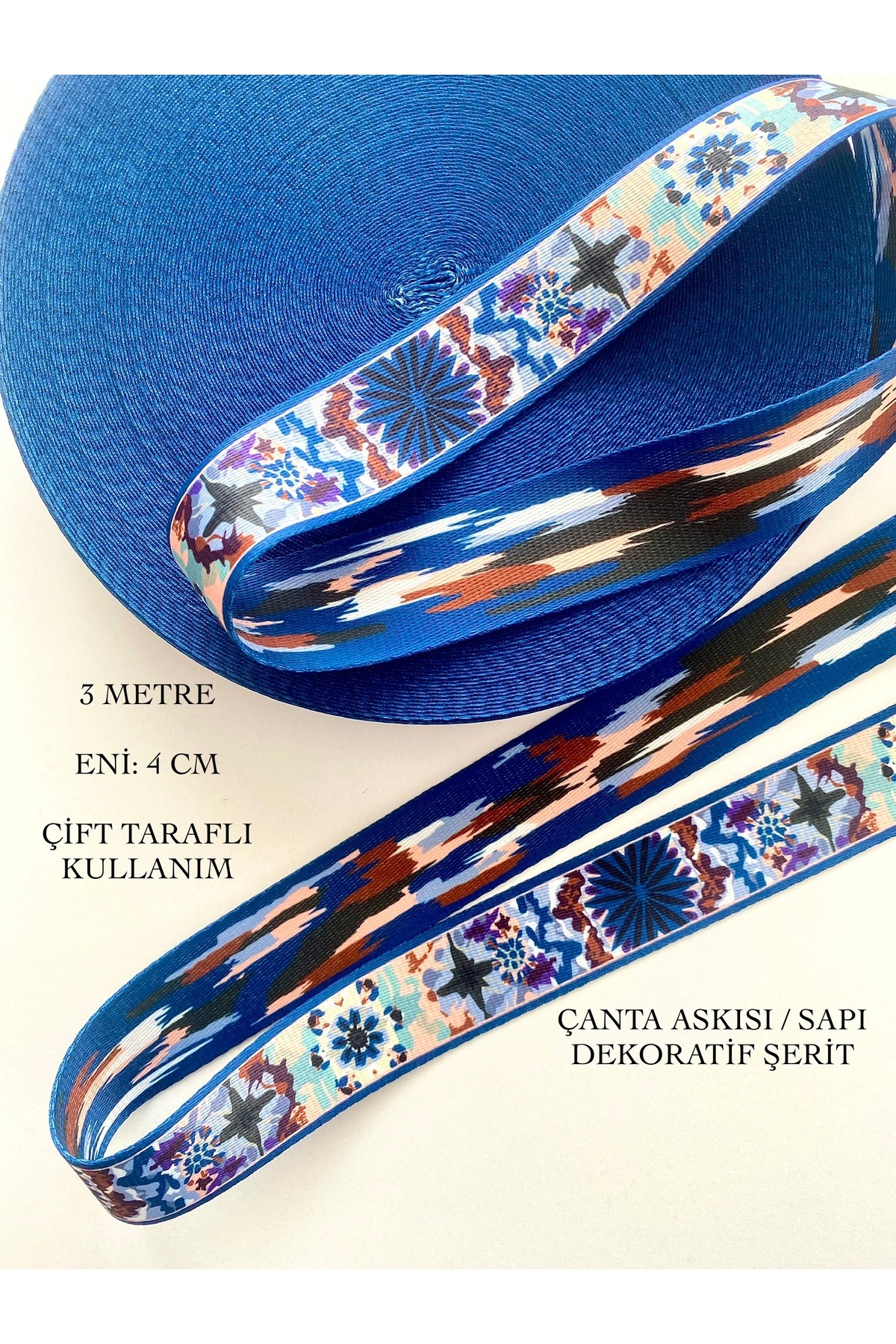 3 Meter Width 4 Cm Navy Blue Pattern Double Sided Bag Hanger, Handle, Column, Cord, Colorful Ribbon