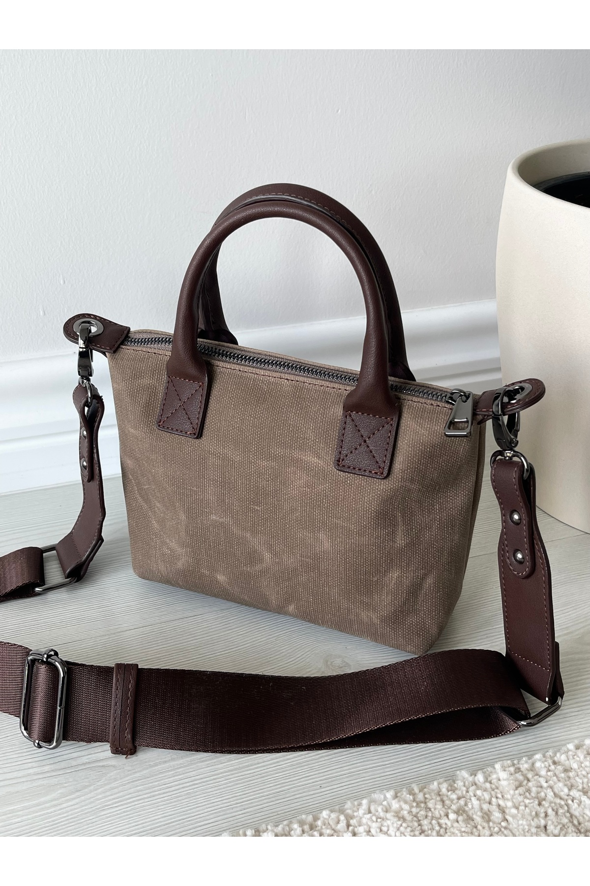 Nura Collection Koyu Vizon Keten Kadın Mini Mektup Model El Ve Omuz Çantası görsel 3