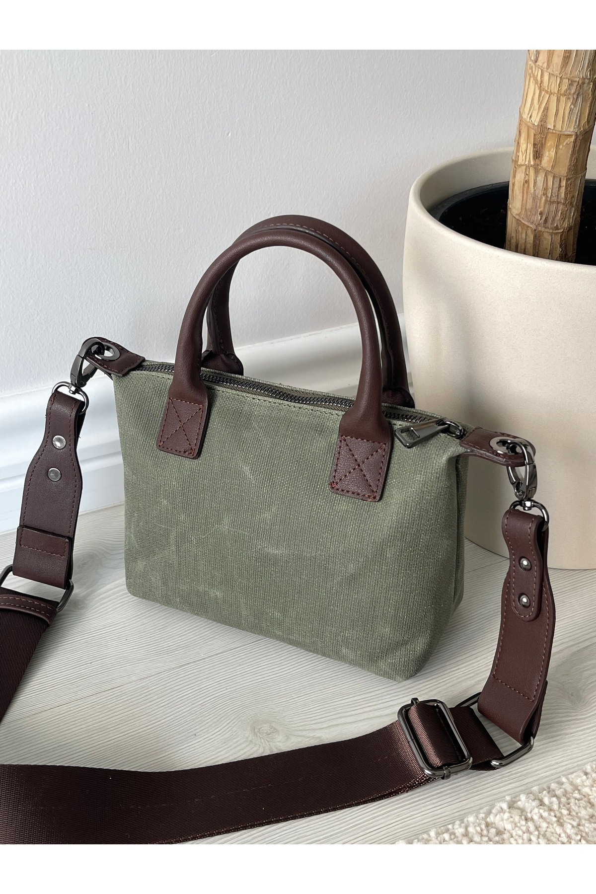 Nura Collection Haki Yeşili Keten Kadın Mini Mektup Model El Ve Omuz Çantası