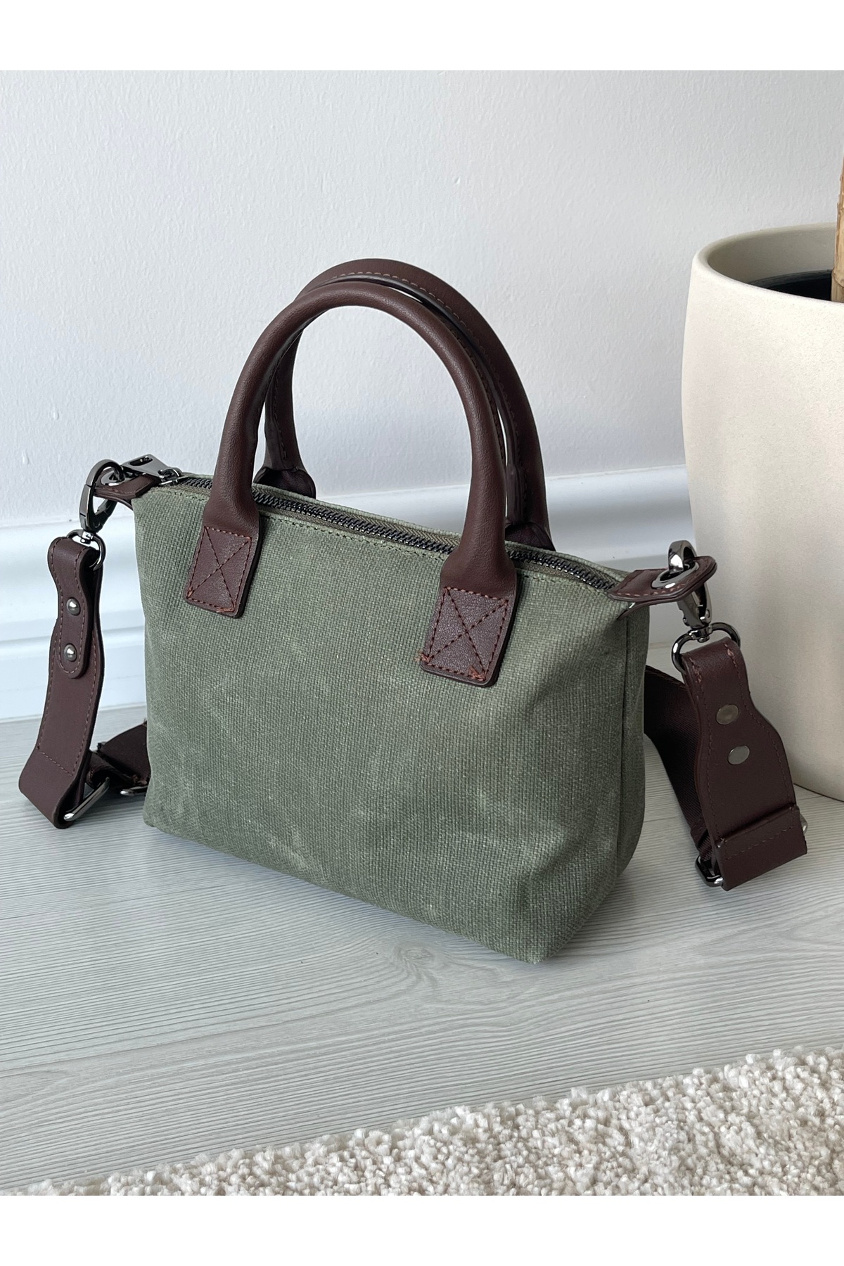 Nura Collection Haki Yeşili Keten Kadın Mini Mektup Model El Ve Omuz Çantası görsel 3