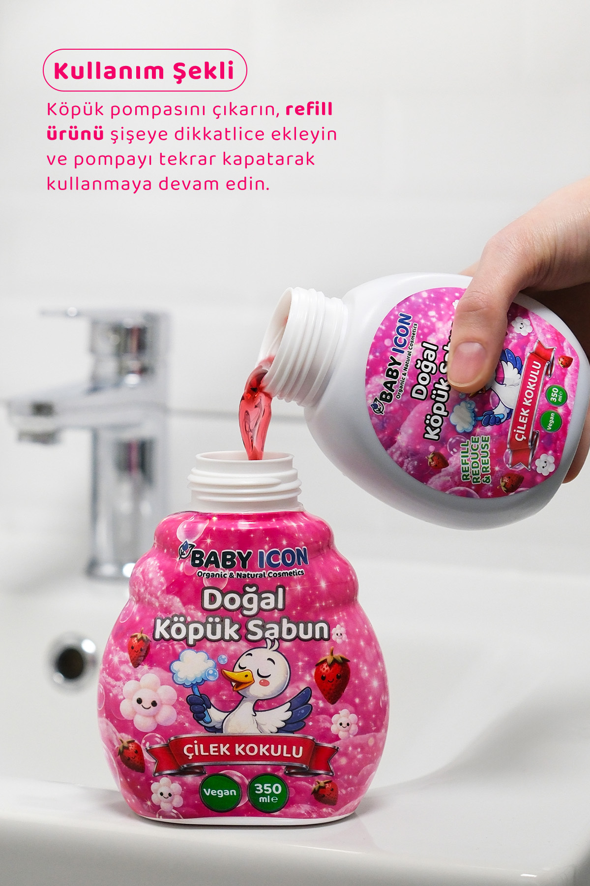 Baby İcon 2li Yedek Dolum - Doğal Çocuk Köpük Sabun 350 ml Çilek Kokulu fotoğrafı 3 (önizleme)