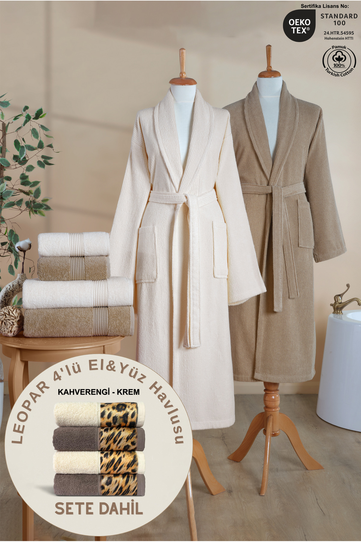 6-Piece Striped Bathrobe Set 100% Cotton Certified+ GIFT LEOPARD 4-Piece Coffee Cream Hand Face Towel Dowry