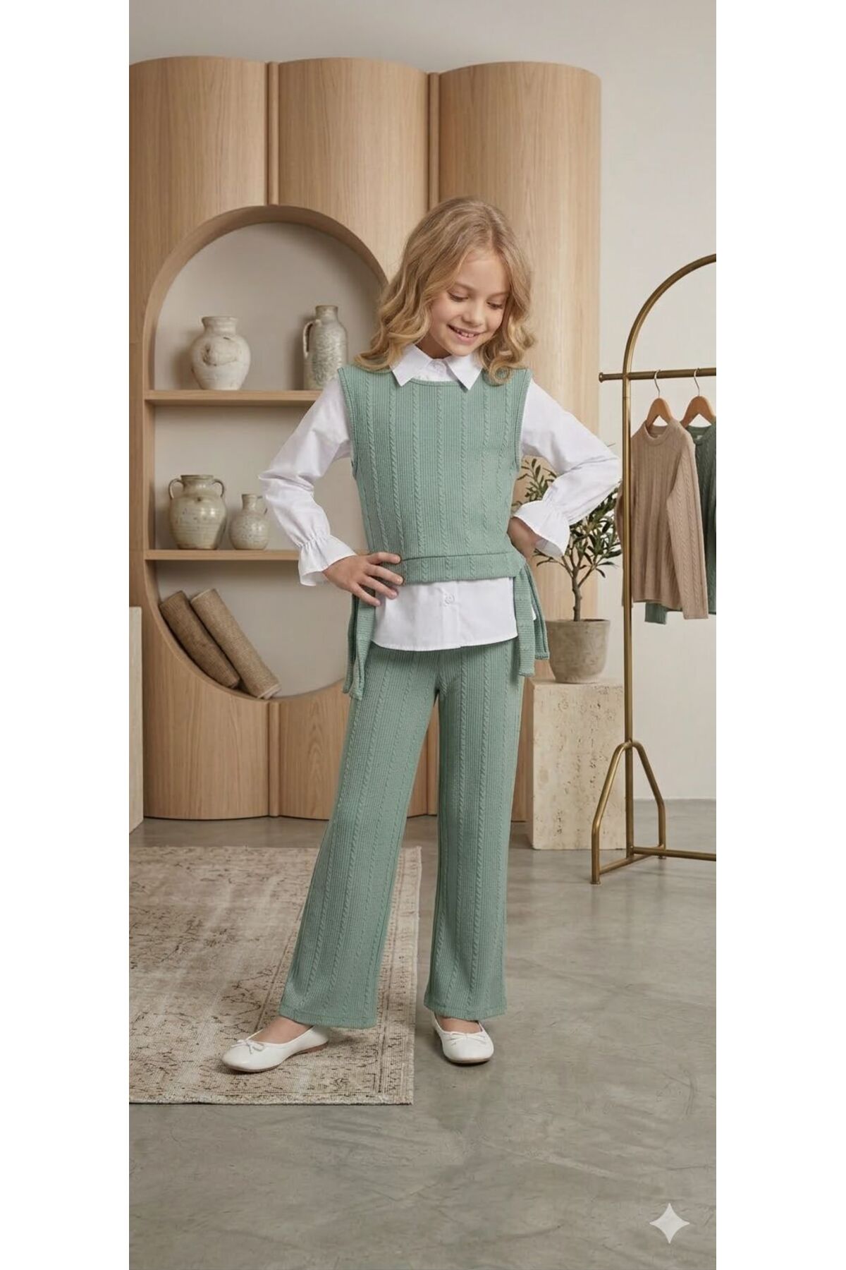 Girls Knitwear Twist Vest Pants Set – Shirt Twist Knit Vest and Pants Combination(New Season)