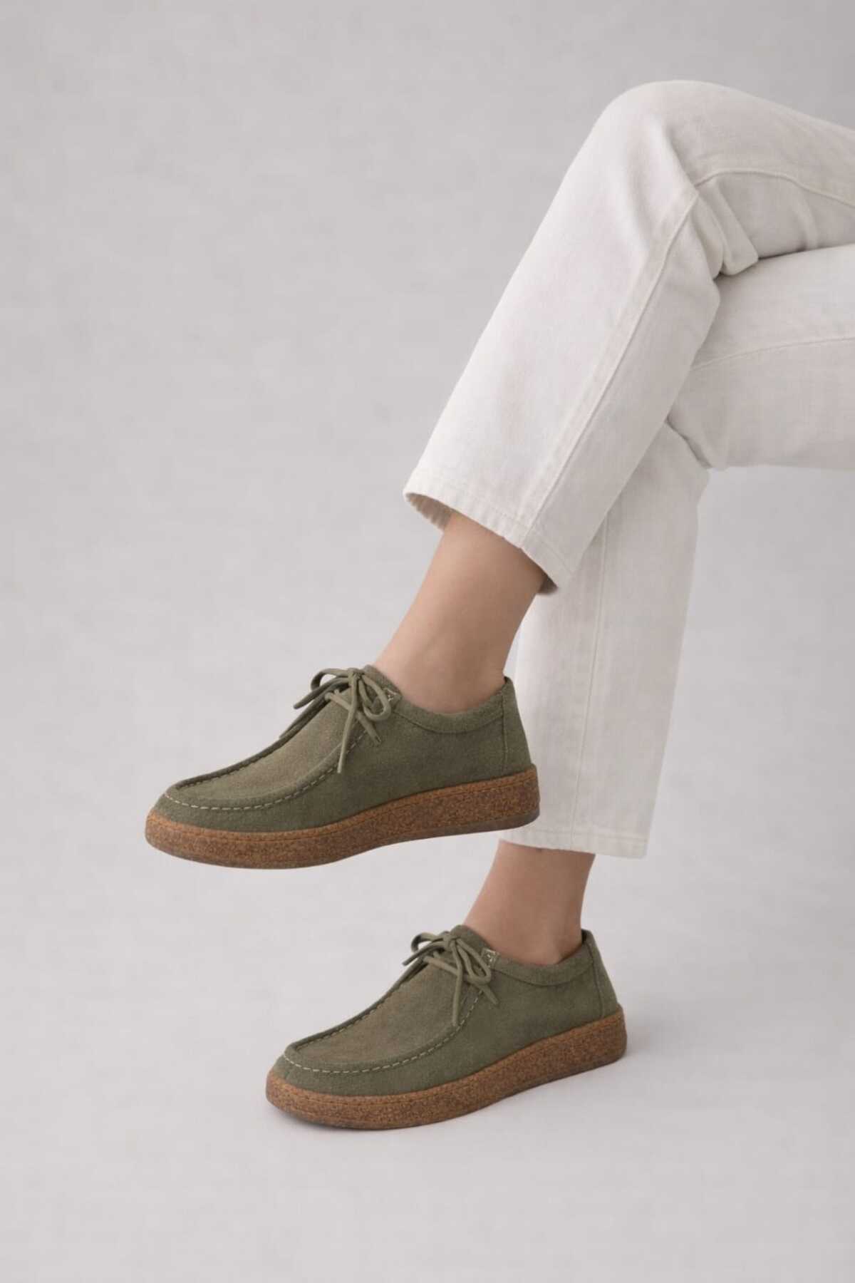 Melinta Shoes Melinta Haki Süet Kauçuk Taban Kadın Loafer Günlük Ayakkabı görsel 3