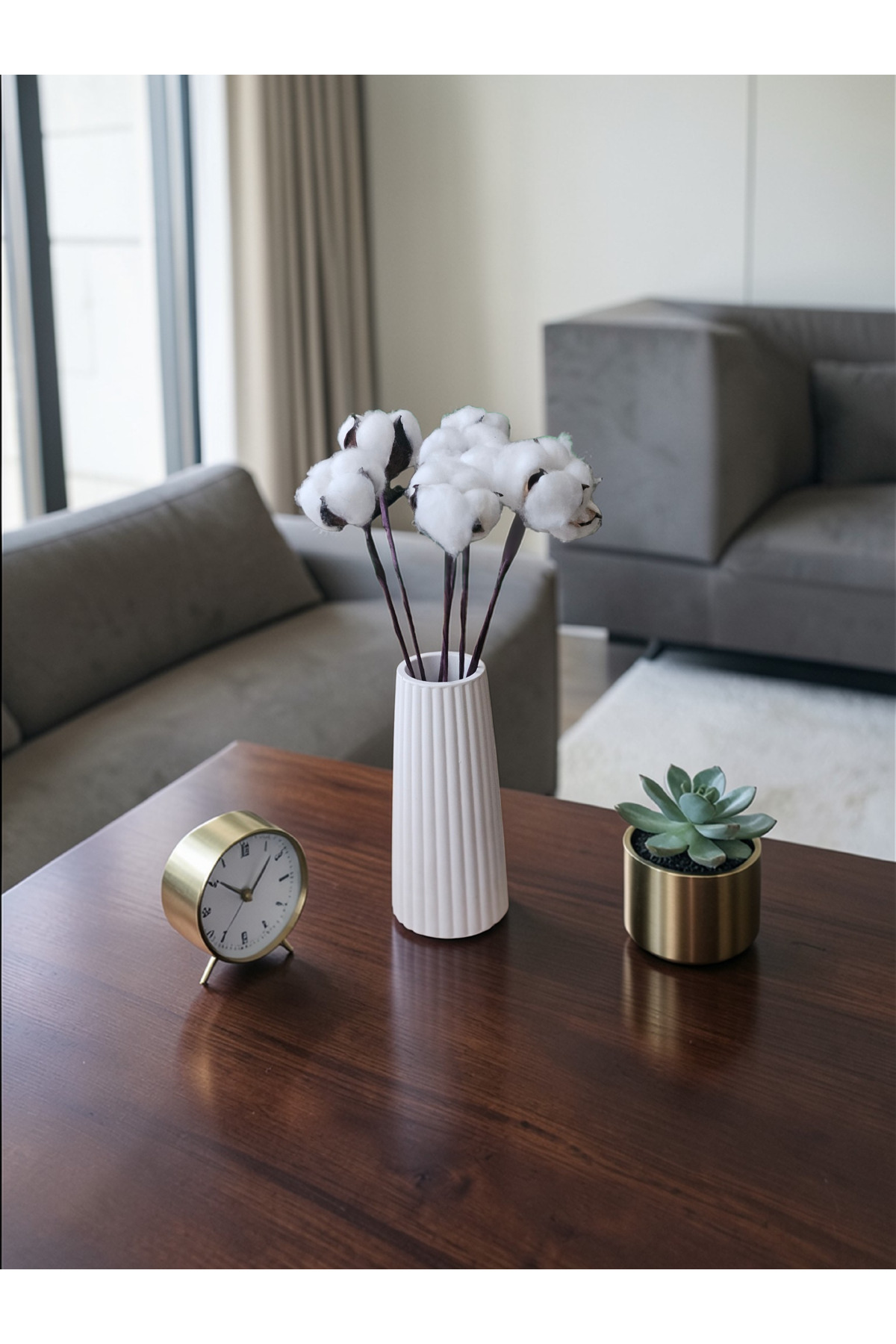 Dry Cotton 6 Branches Flower Pot in Modern Long Vase