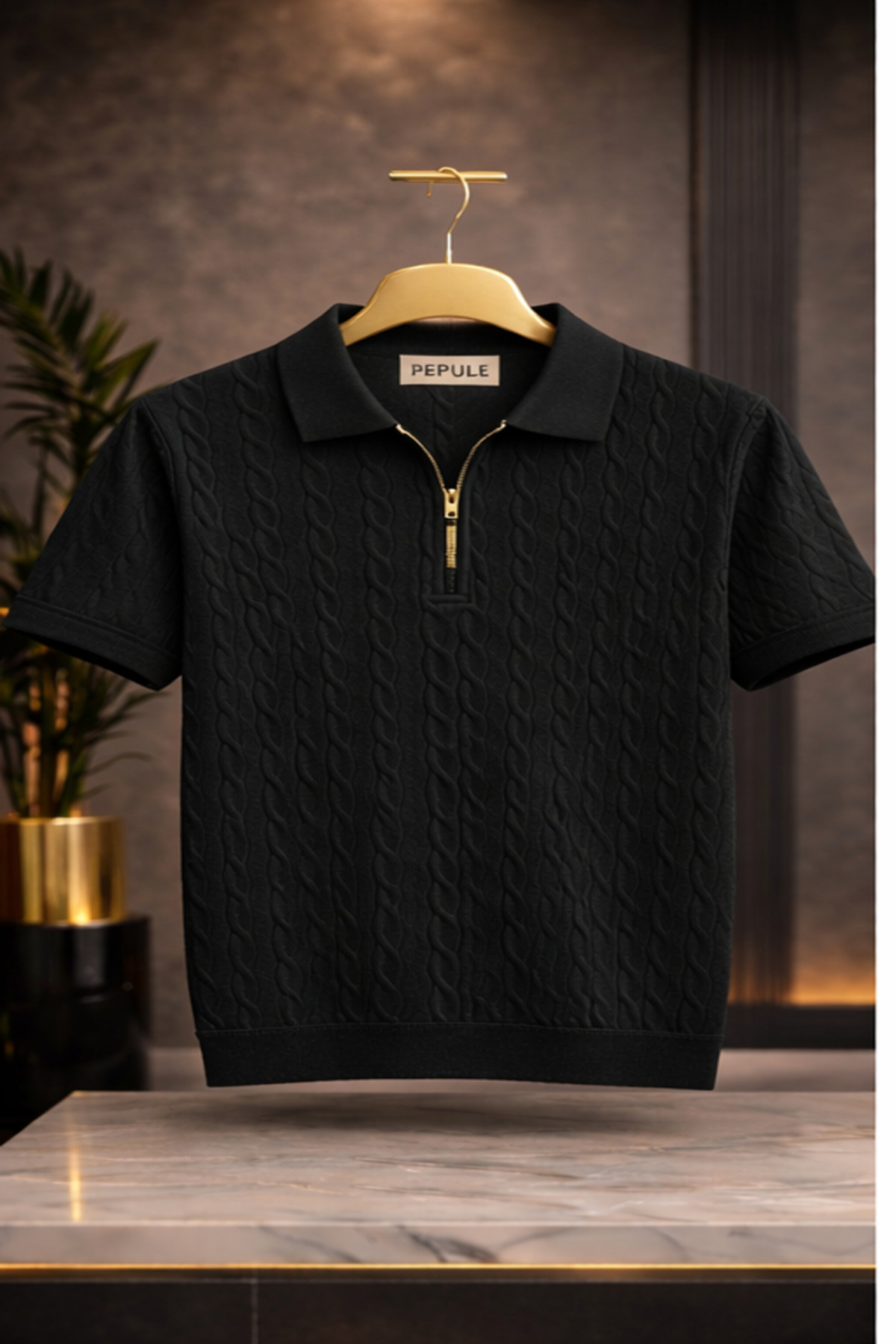 Men's Polo Neck Hair Knit Knitwear Textured Regular Cotton T-shirt