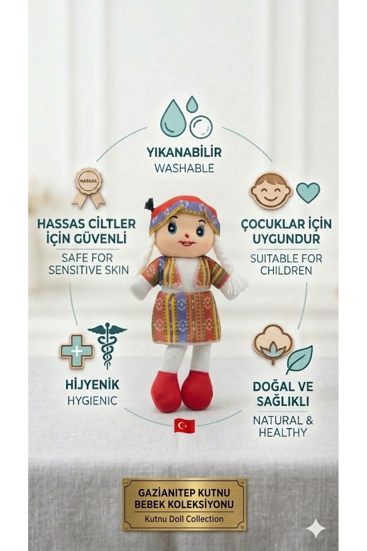 HAYPA GROSS Gaziantep El Yapımı Kutnu Kumaşlı Bez Bebek - Yıkanabilir & %100 El İşçiliği Oyuncak fotoğrafı 2 (önizleme)