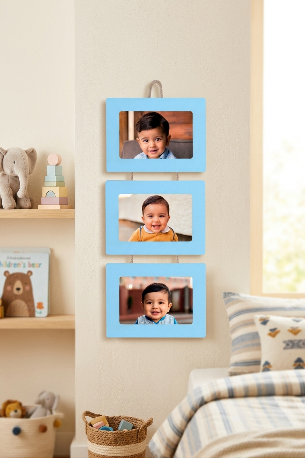Triple Drawstring Wooden Photo Frame – Kids & Baby Room Wall Decor – 10x15cm Horizontal