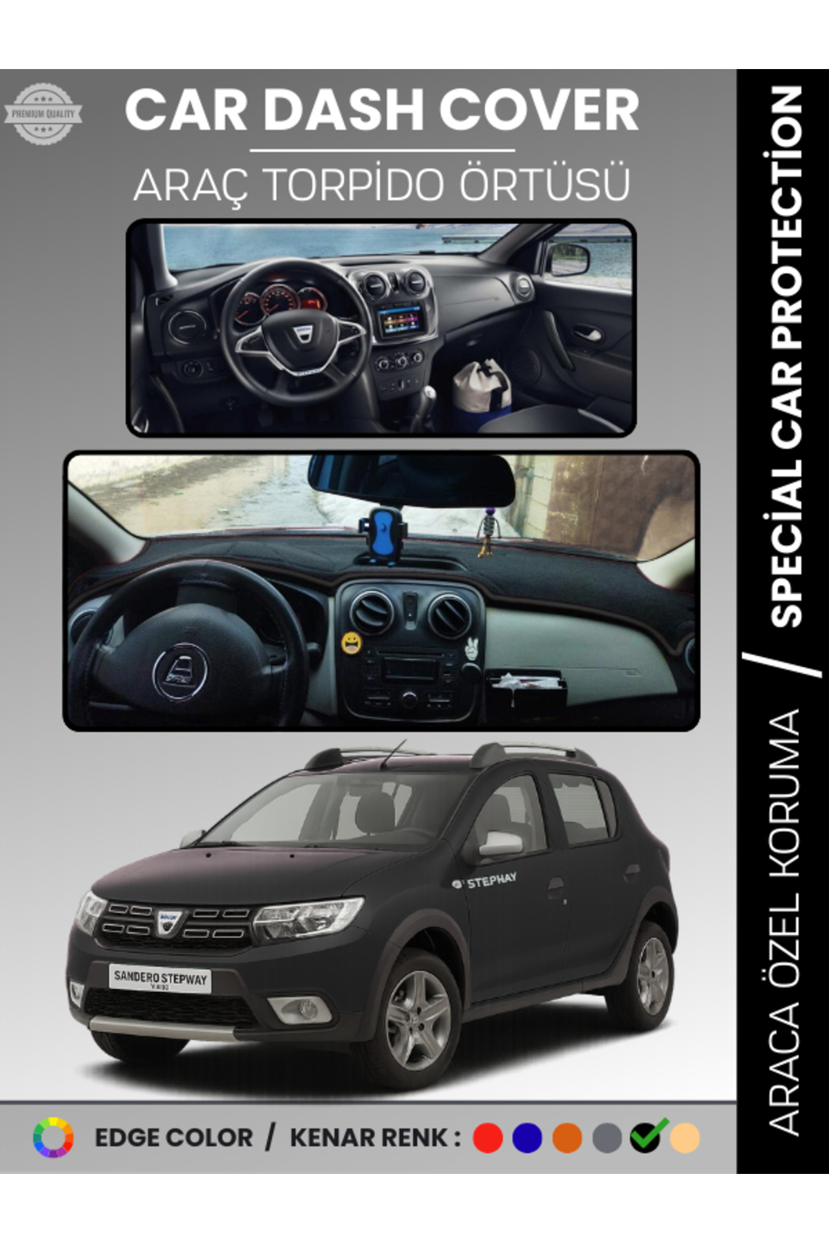 e-biz DACIA SANDERO STEPWAY (2015-2021) Torpido Örtüsü Ön Göğüs Koruma Tam Uyum Kaymaz Kolay Montaj