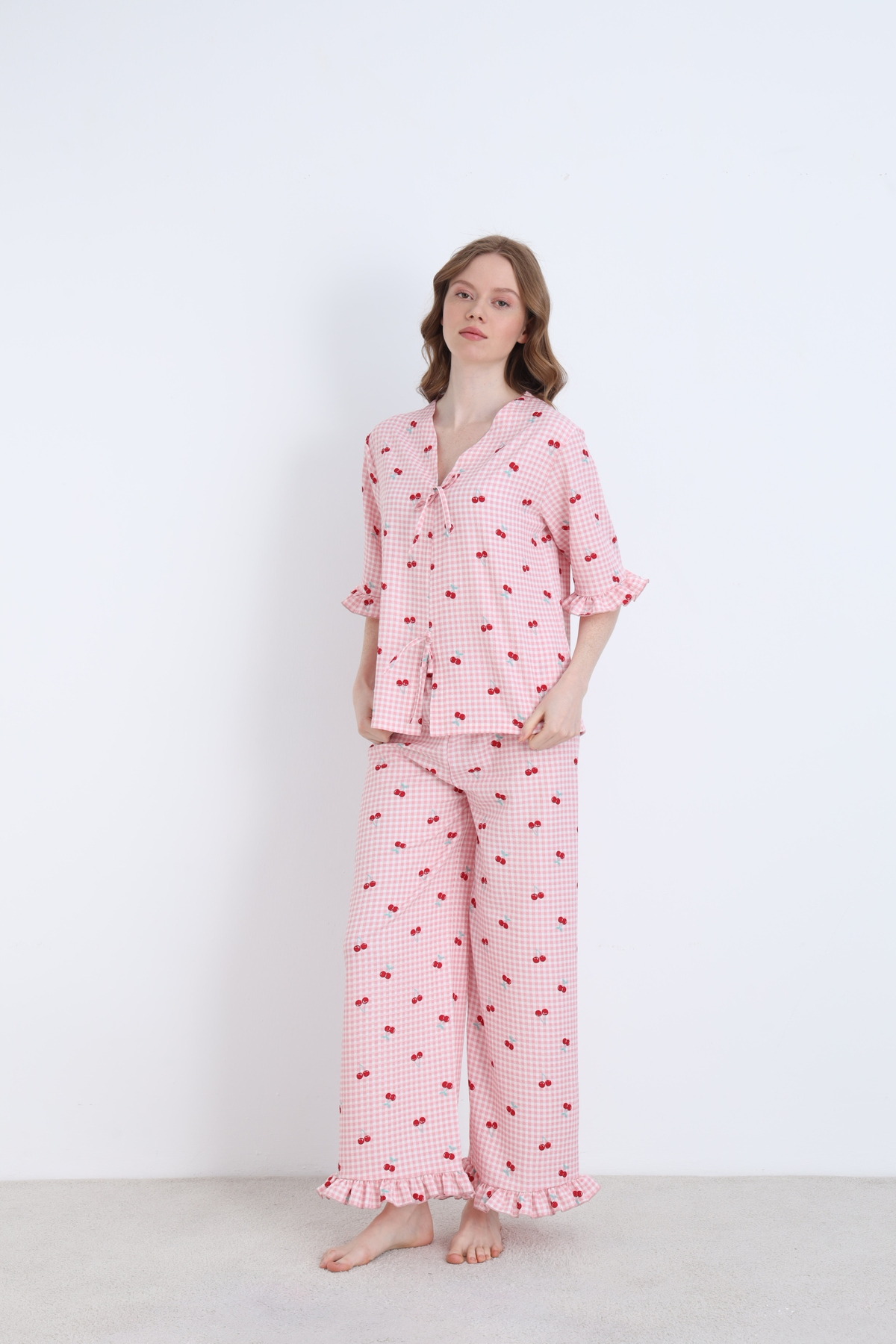 ELİTOL  Bürümcük Örme Bağlamalı Kadın Sabahlık Pijama Takımı - Görsel 4