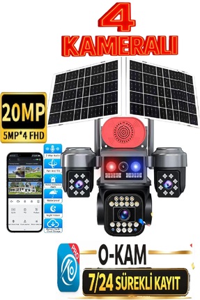 TRCharger 4 Kameralı 20MP 4G Çift Solar Güneş Panel Renkli Gece Görüş AOV Ses...