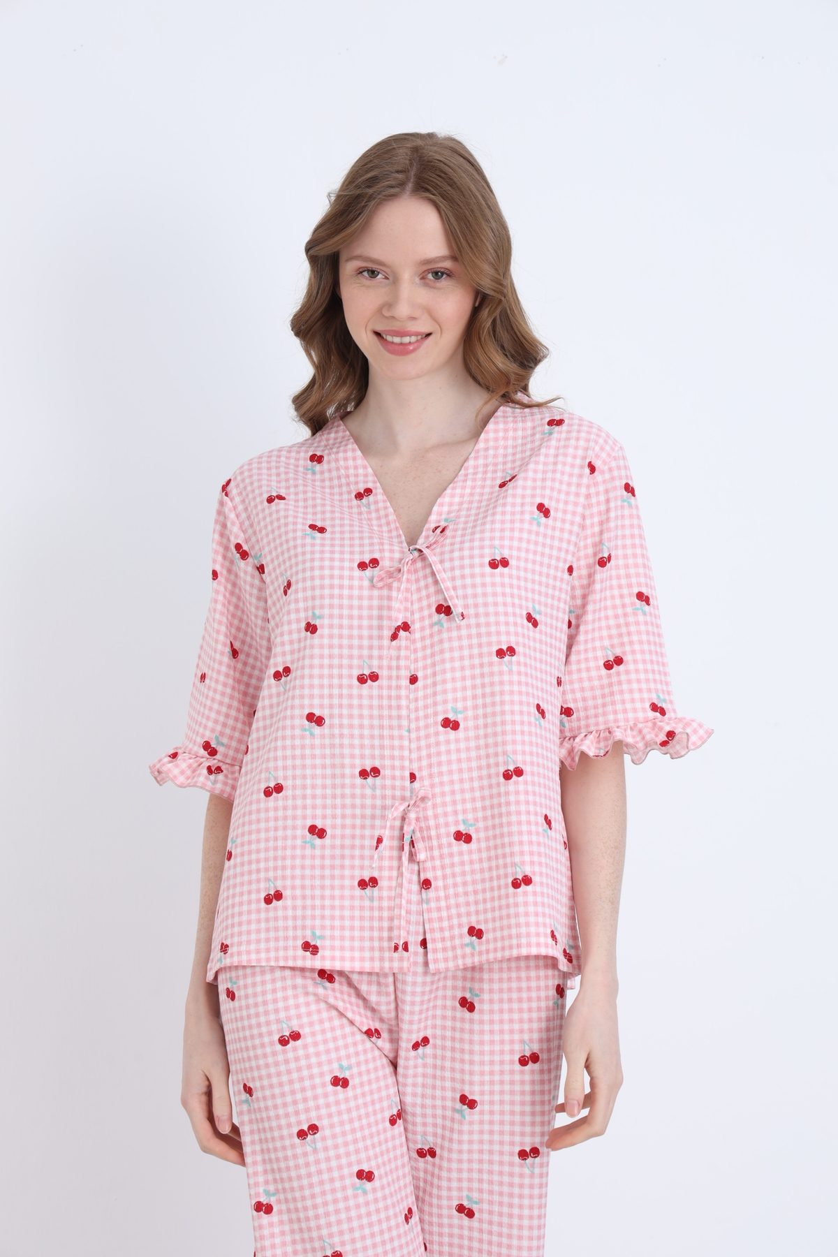 ELİTOL  Bürümcük Örme Bağlamalı Kadın Sabahlık Pijama Takımı - Görsel 2