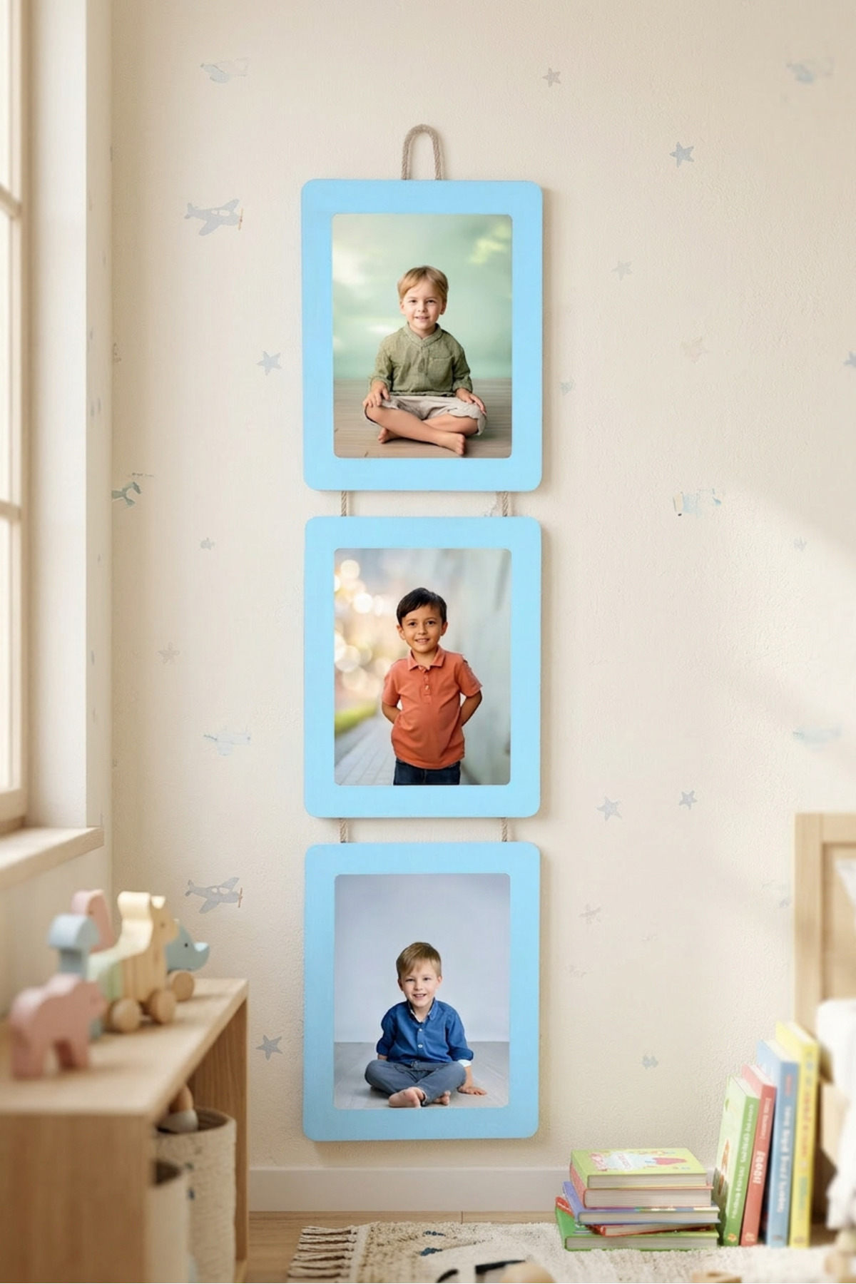 3-Piece Wooden Photo Frame 15x21 cm – 3 Vertical MDF with Drawstring Hanger – Baby & Kids Room Wall Decor