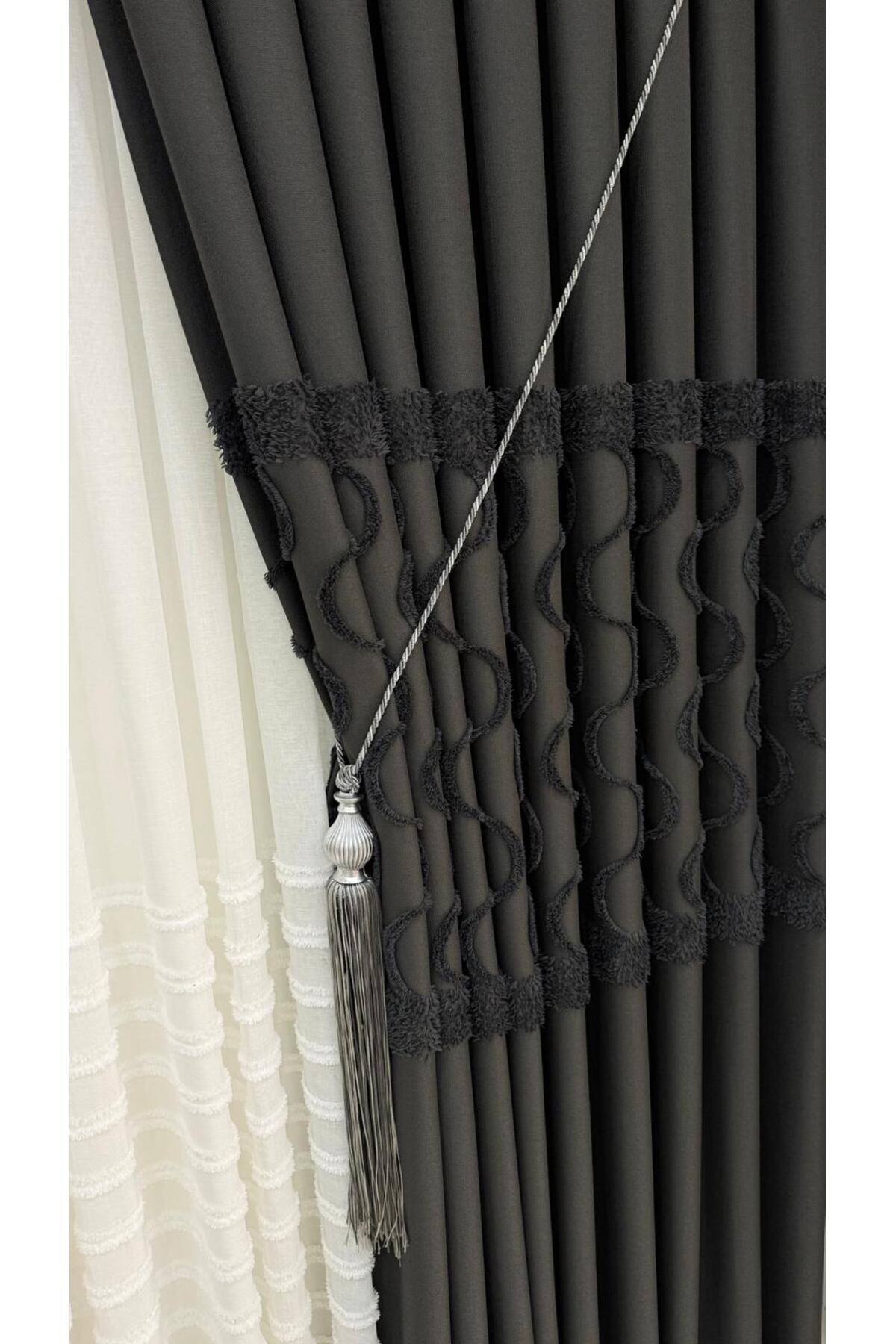 Luxury Linen Textured Feathered Anthracite Board Background Curtain (Single Wing)