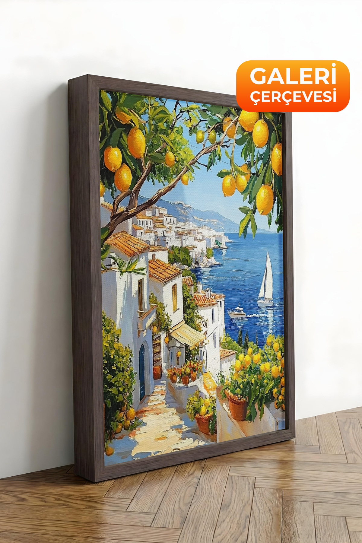Brown Framed Canvas Painting Mediterranean Coast Lemon Tree and Sea Premium Serial No 106060