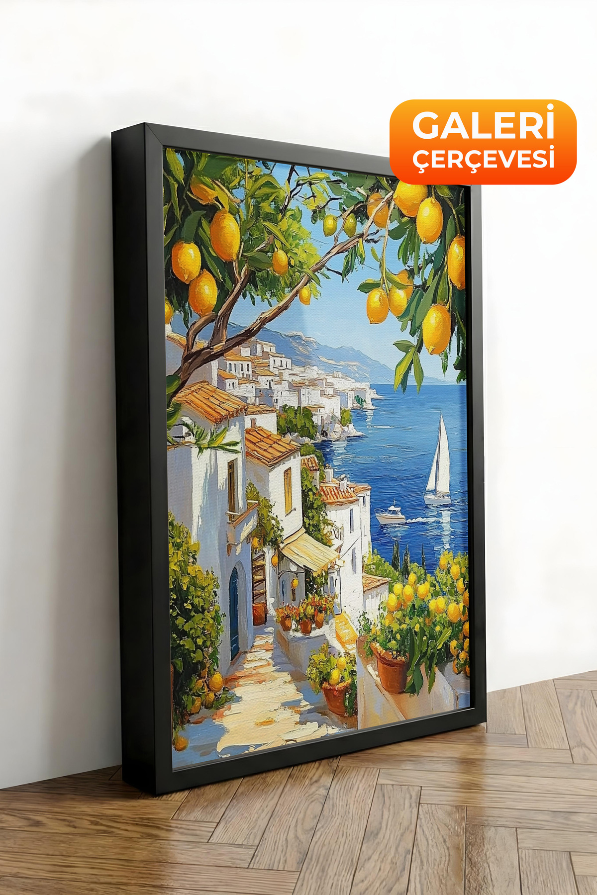 Black Framed Canvas Painting Mediterranean Coast Lemon Tree and Sea Premium Serial No 106060